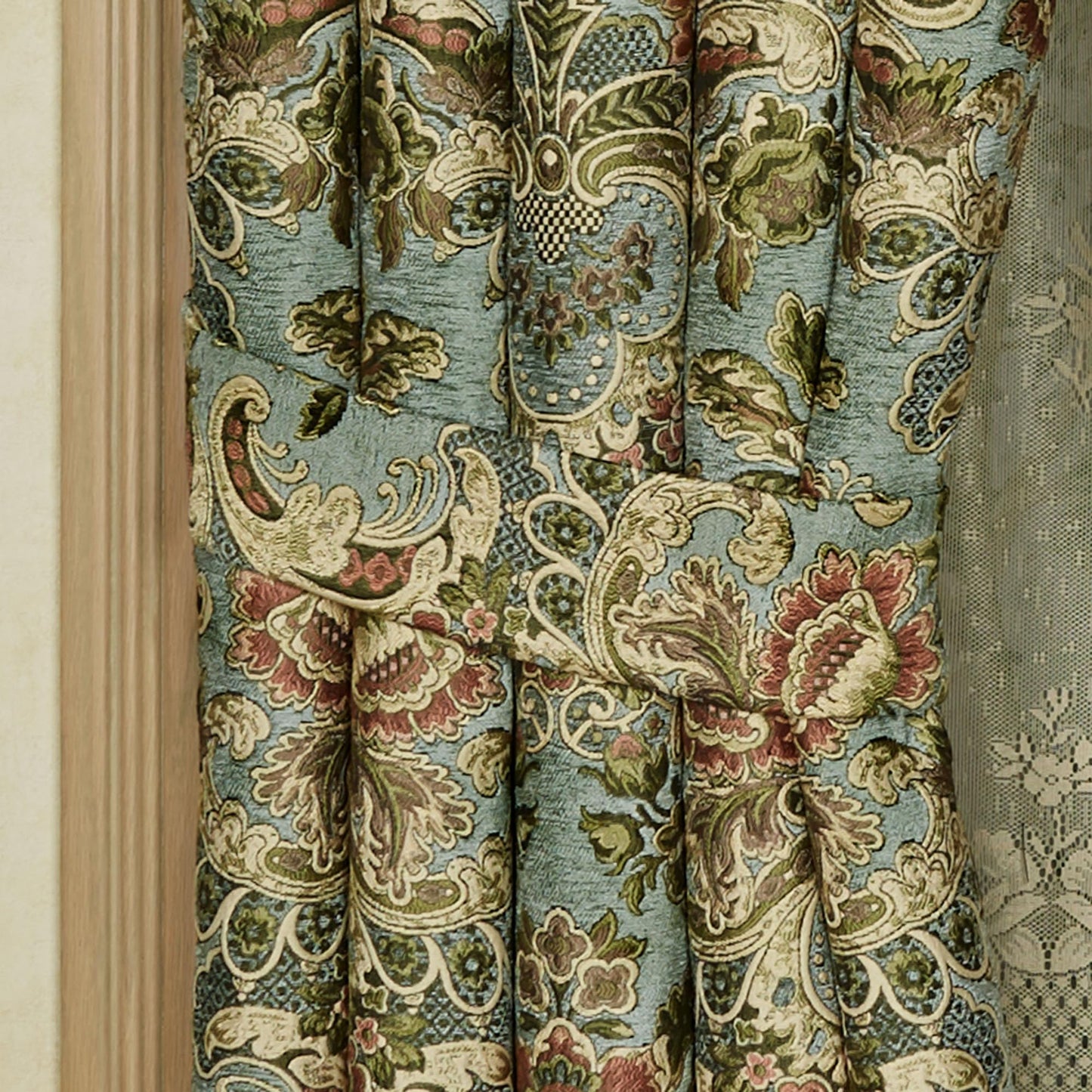 Calais Chateau Traditional Luxury Window Treatments | Soft Teal Chenille | Colorful Pastel Woven Classic Jacobean Floral Blooms | Lined, Wide Drapery Set Includes Scalloped Valance & 84L Curtain Pair