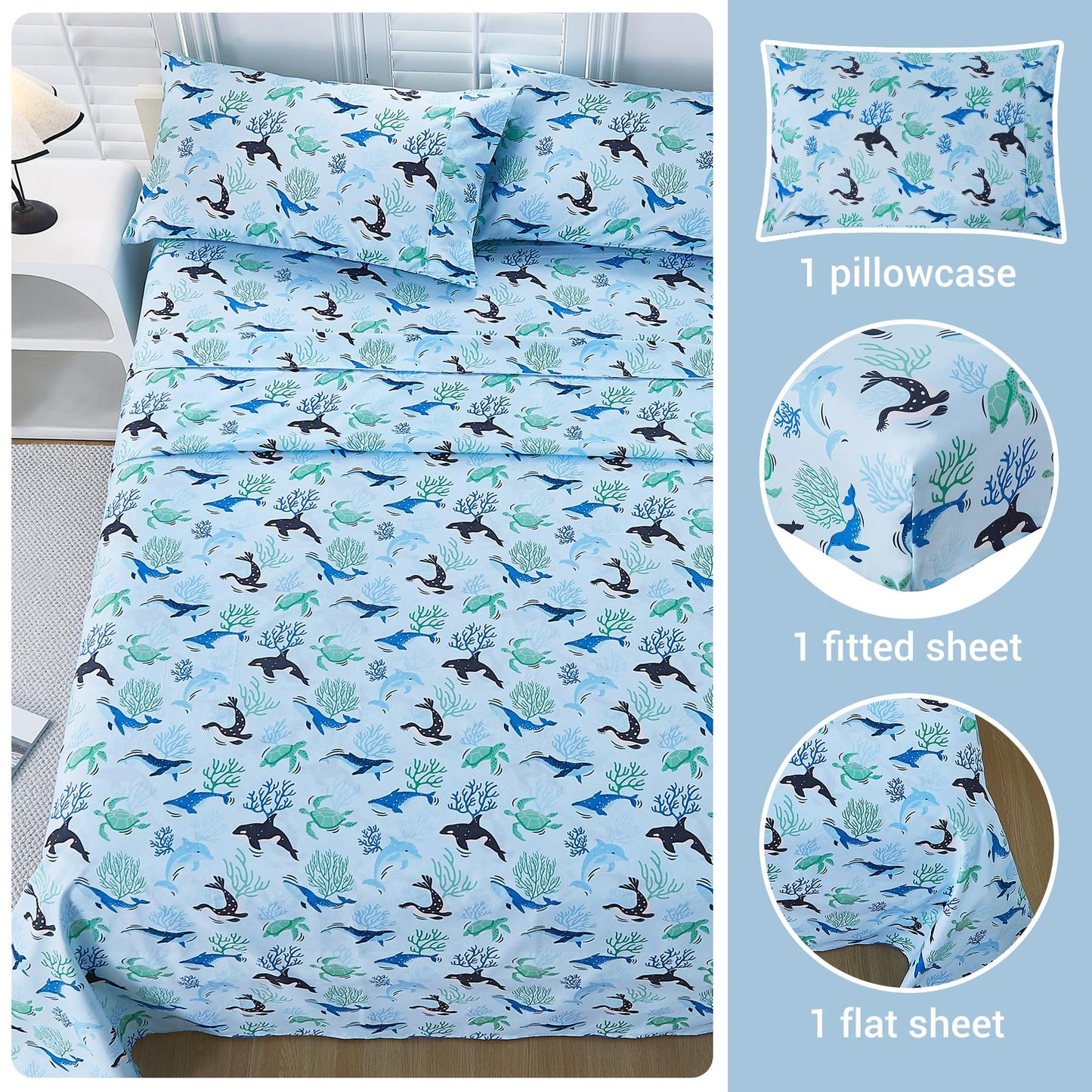 Viviland 3 Pieces Boys Blue Ocean Twin Sheet Set - Soft Microfiber Fitted Flat Sheets & Pillowcase - Blue Ocean Whales, Sea Turtles, Marine Organisms Bedding Sets - for Kids & Toddlers