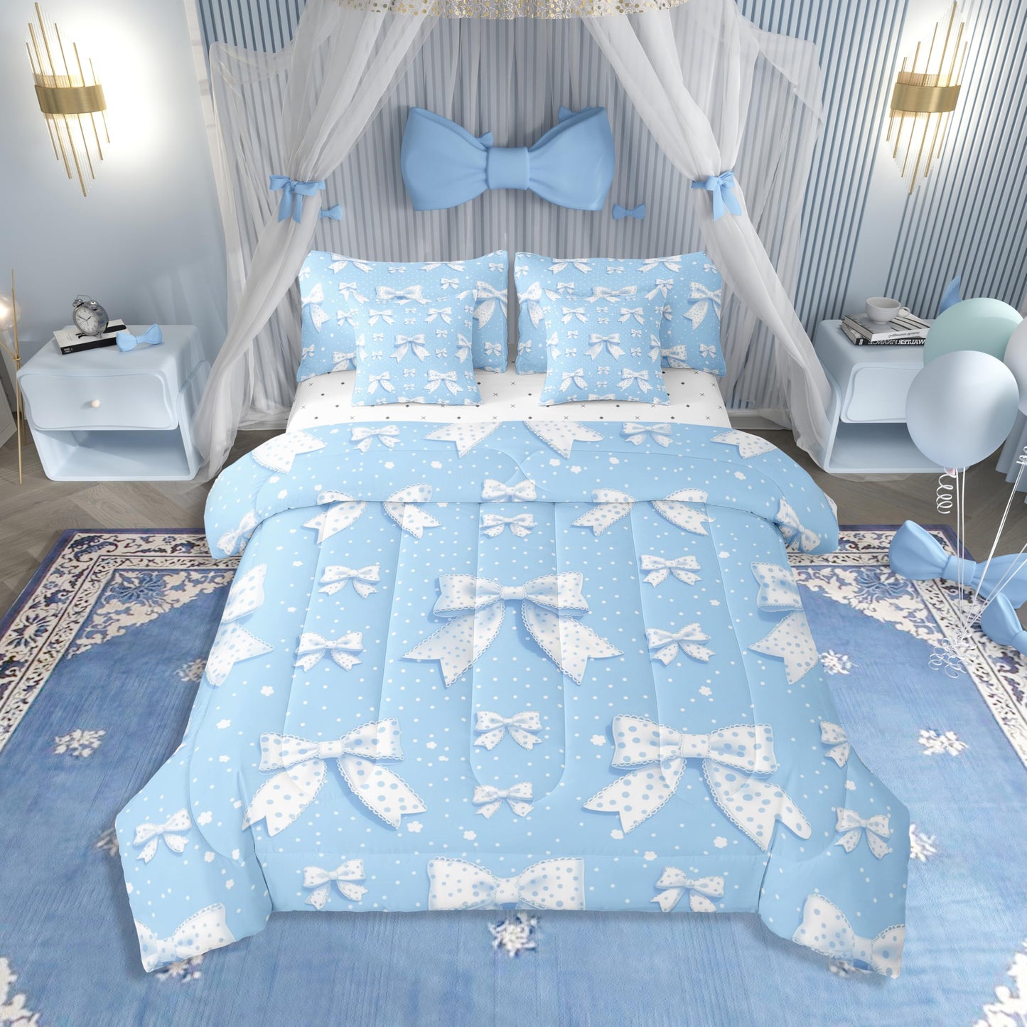 Erosebridal Cute Bowknot Bedding Set Twin Size 7 Piece Bed in a Bag, Simple Polka Dots Bed Set, Cartoon Bows Printed Kids Adults Room Decor Bedding Bed Sets, Blue White Kawaii Bed Sheets Set