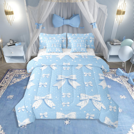 Erosebridal Cute Bowknot Bedding Set Twin Size 7 Piece Bed in a Bag, Simple Polka Dots Bed Set, Cartoon Bows Printed Kids Adults Room Decor Bedding Bed Sets, Blue White Kawaii Bed Sheets Set