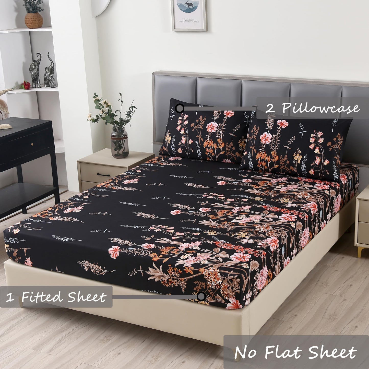 MAG 3pcs Black Floral Full Bed Sheet,Microfiber Flower Boho Fitted Sheets with 1 Fitted Sheet and 2 Pillowcases,14 Inches Deep (Black, Full)