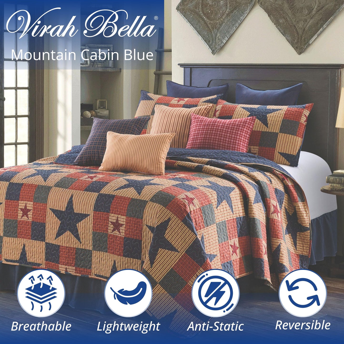 Virah Bella 3 Piece Queen Cabin Quilt Bedding Set - Mountain Cabin Blue - Rustic Country Reversible Patchwork Comforter Set with Decorative Pillow Shams, Blue/Tan