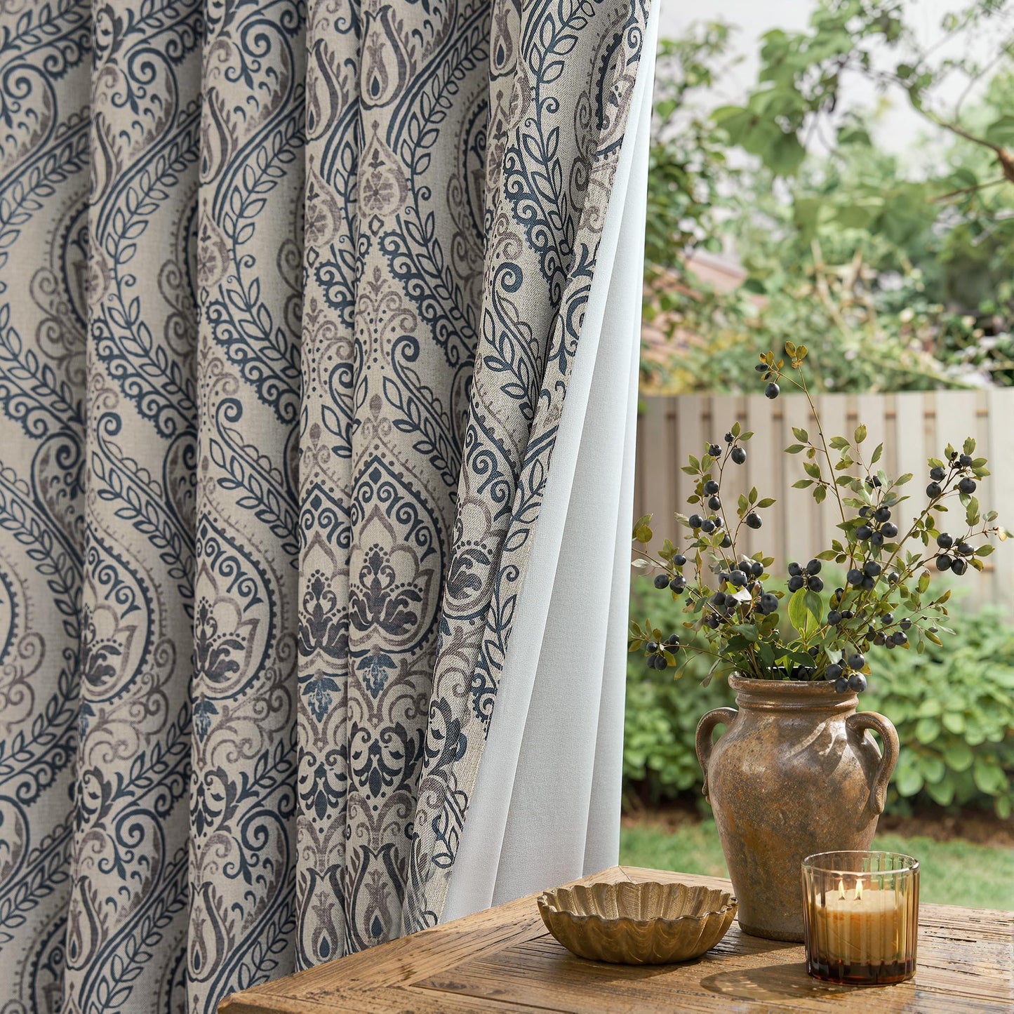 jinchan Curtains for Bedroom, Room Darkening Curtains 84 Inch Length 2 Panels Set, Linen Textured Medallion Drapes for Living Room, Vintage Damask Pattern Window Treatments, Blue on Greige
