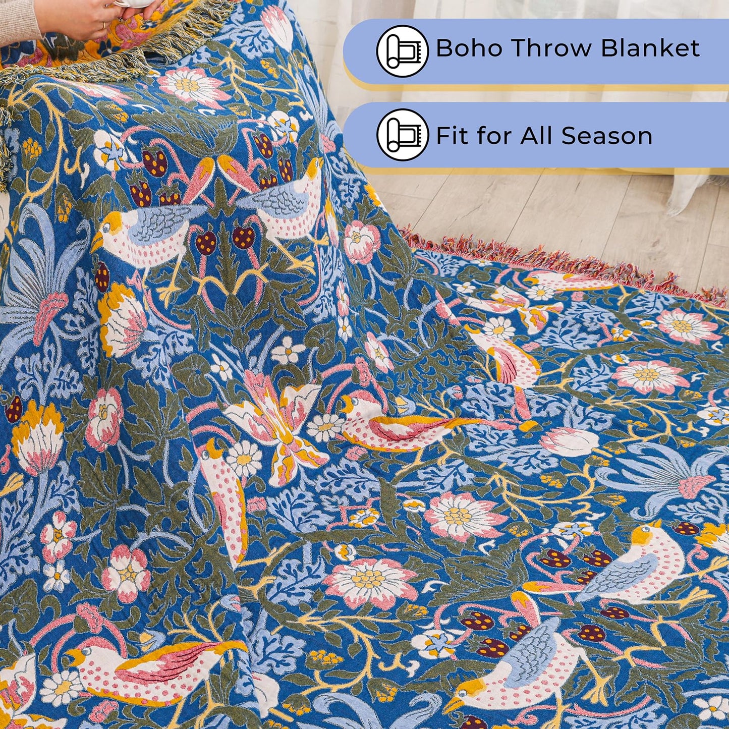STASOPTK Boho Cotton Muslin Twin Size Bed Throws,100% Cotton Rustic 4 Layer Reversible Bid and Floral Woven Washable Breathable Decor Blanket 60"×80" for Couch Sofa All Seasons,Blue &Yellow