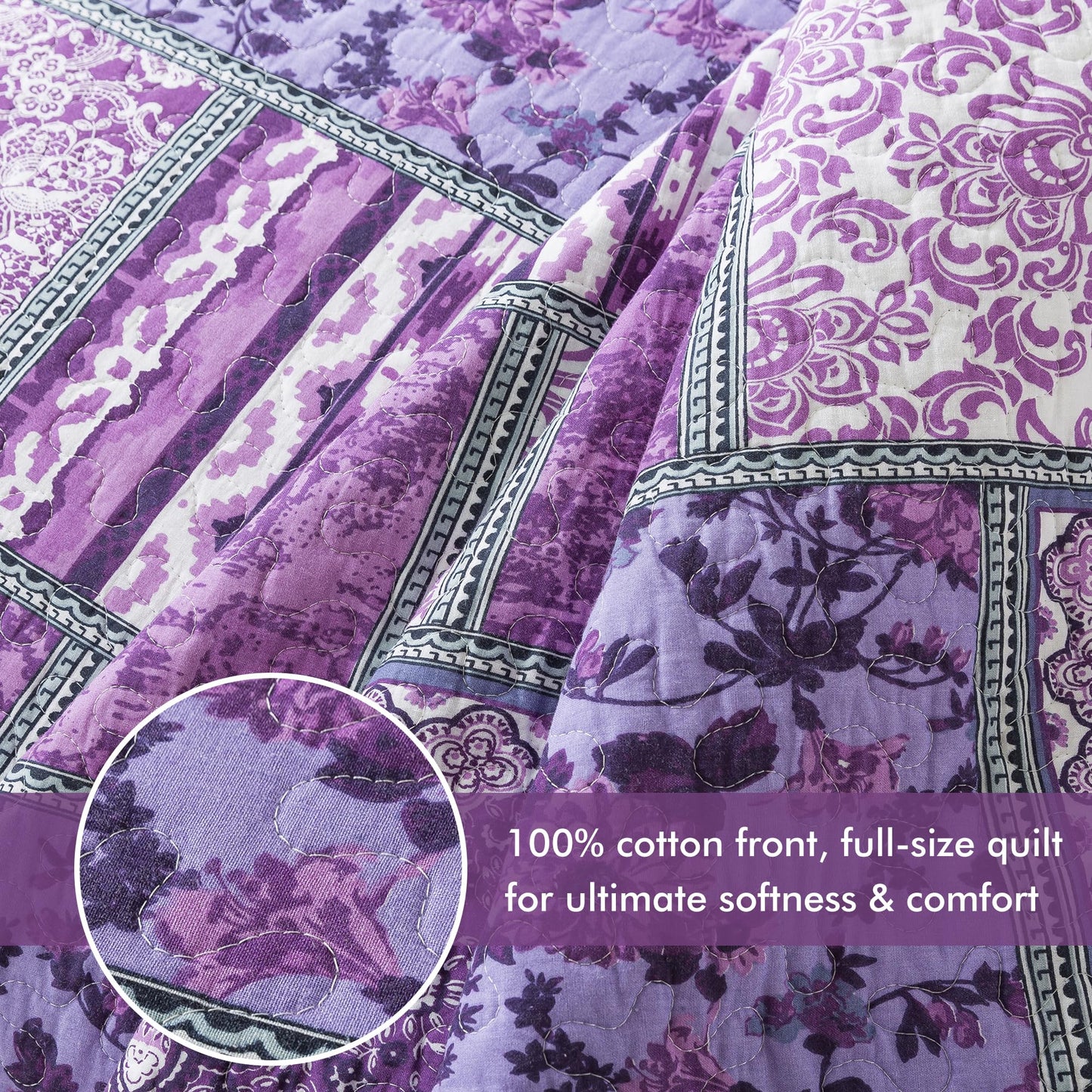 Etwel Cotton Patchwork Queen Size Quilt Set - Lightweight Breathable Reversible Bedspread for Hot Sleepers, Farmhouse Floral Bedding Set with 2 Pillow Shams for All Season (90"x98", Purple)