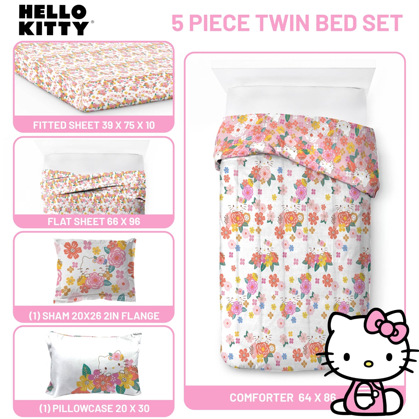 Jay Franco Hello Kitty Twin Size Comforter Set - 7 Piece Bedding Includes Sheet Set & Pillow Covers - Super Soft Floral Bedding