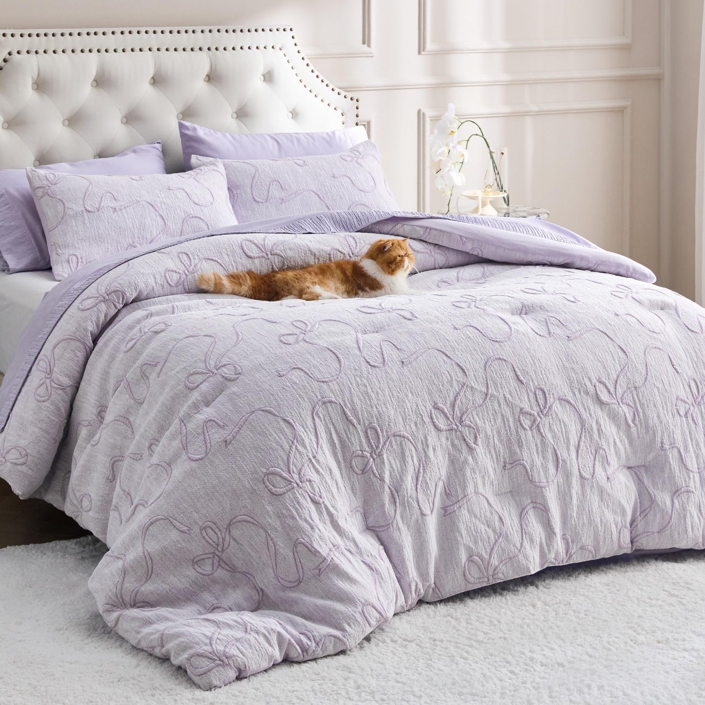 Bedsure Lavender King Size Comforter Set, GentleSoft™ 3 Pieces Breathable Bow Comforter Set Women with 2 Pillow Shams, Cute King Bedding Set Room Decor Aesthetic Bedroom Decor, 104x90 Inches