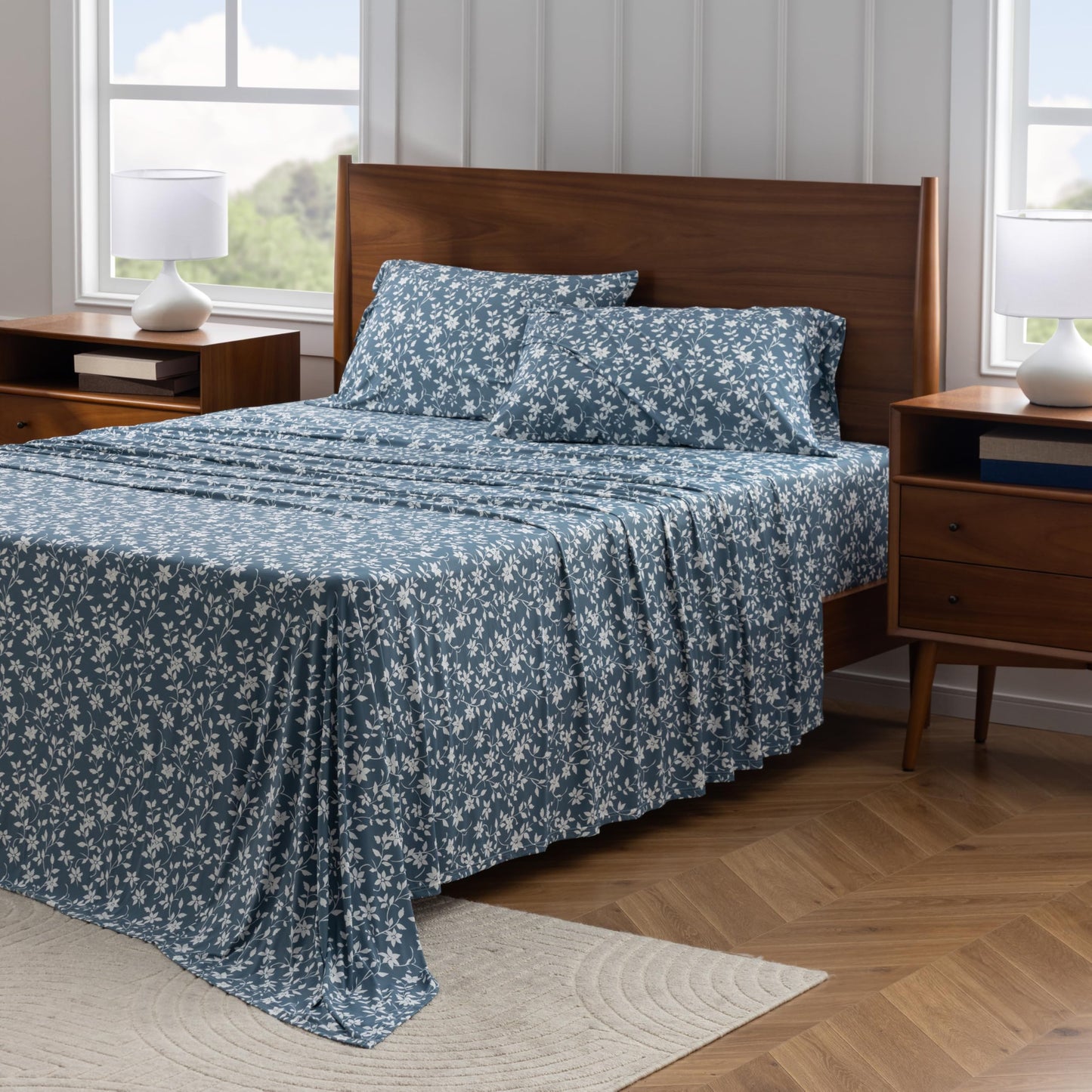 Berkshire Jersey Sheet Set – Cool-to-the-Touch, Soft & Breathable Knit Bed Sheets, Wrinkle-Free, Moisture-Wicking, Deep Pocket Fitted Sheet, 4 Piece Bedding Set, Queen, Bethany Floral Blue
