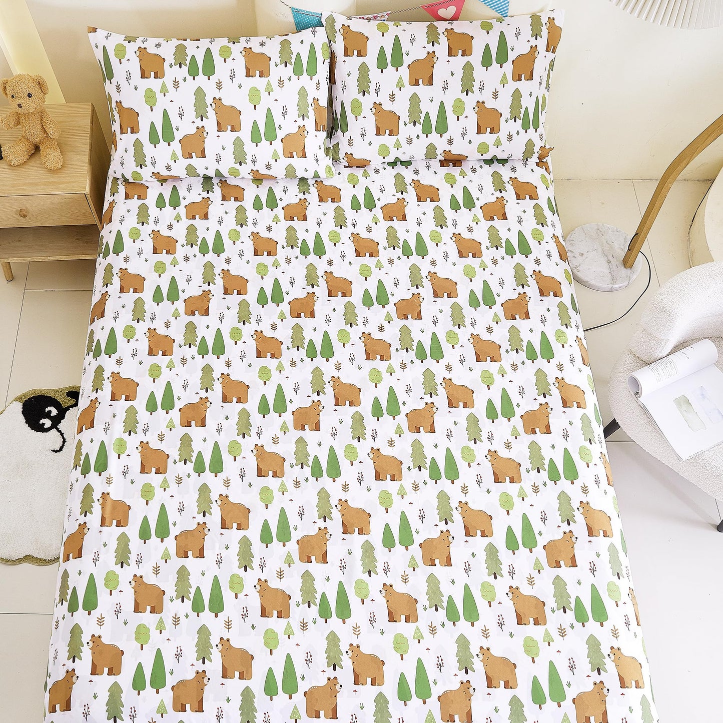 CozySmile Full Sheet Set Kids,4 Pieces Breathable Soft Microfiber Bedsheets for Child Boys, Oeko-TEX, Anti Pilling Deep Pockets Easy Care Bed Sheets, Forest Bear
