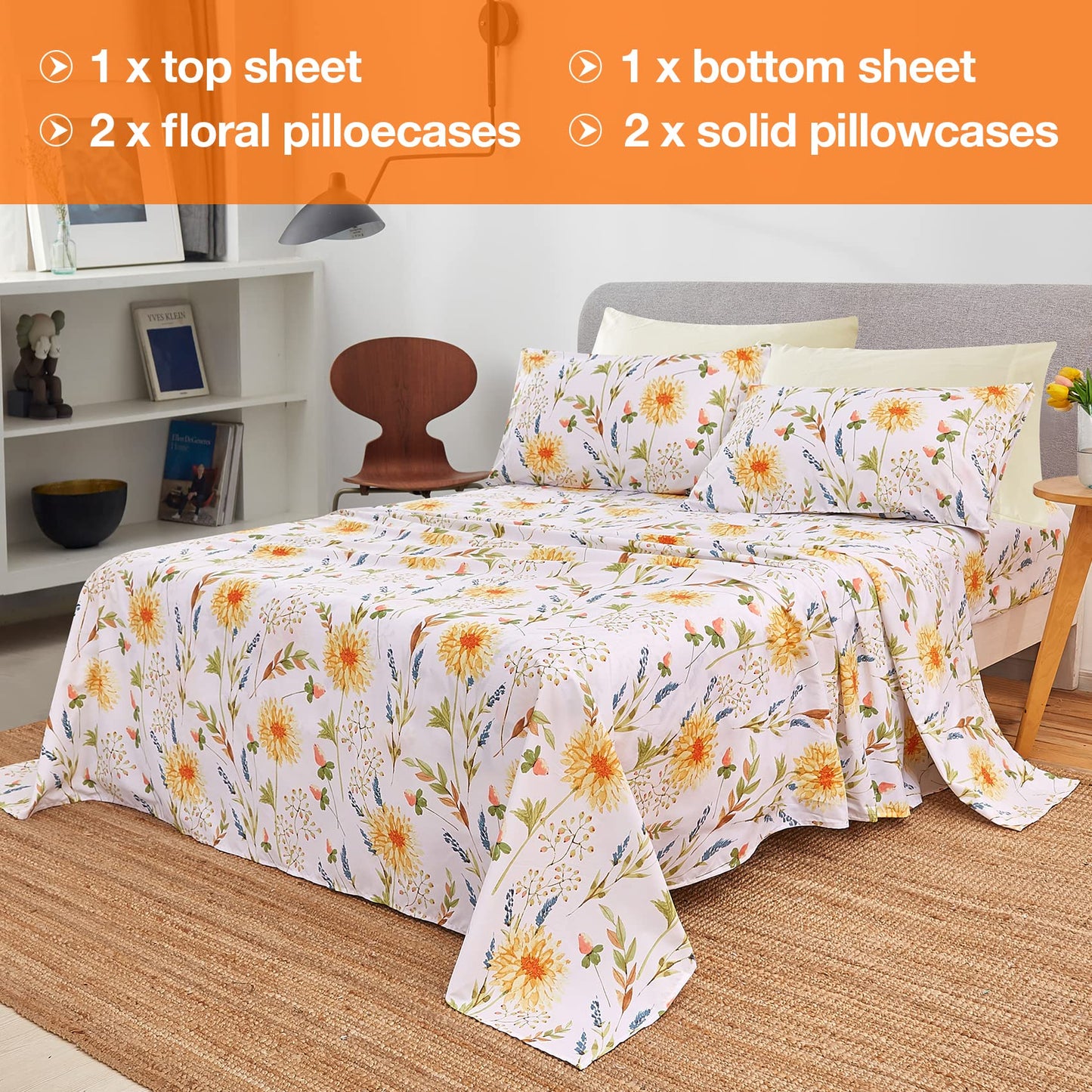 JSD 6 Piece Floral Print Sheet Set Queen Size, Soft Spring Botanical Microfiber Bed Sheets Deep Pocket