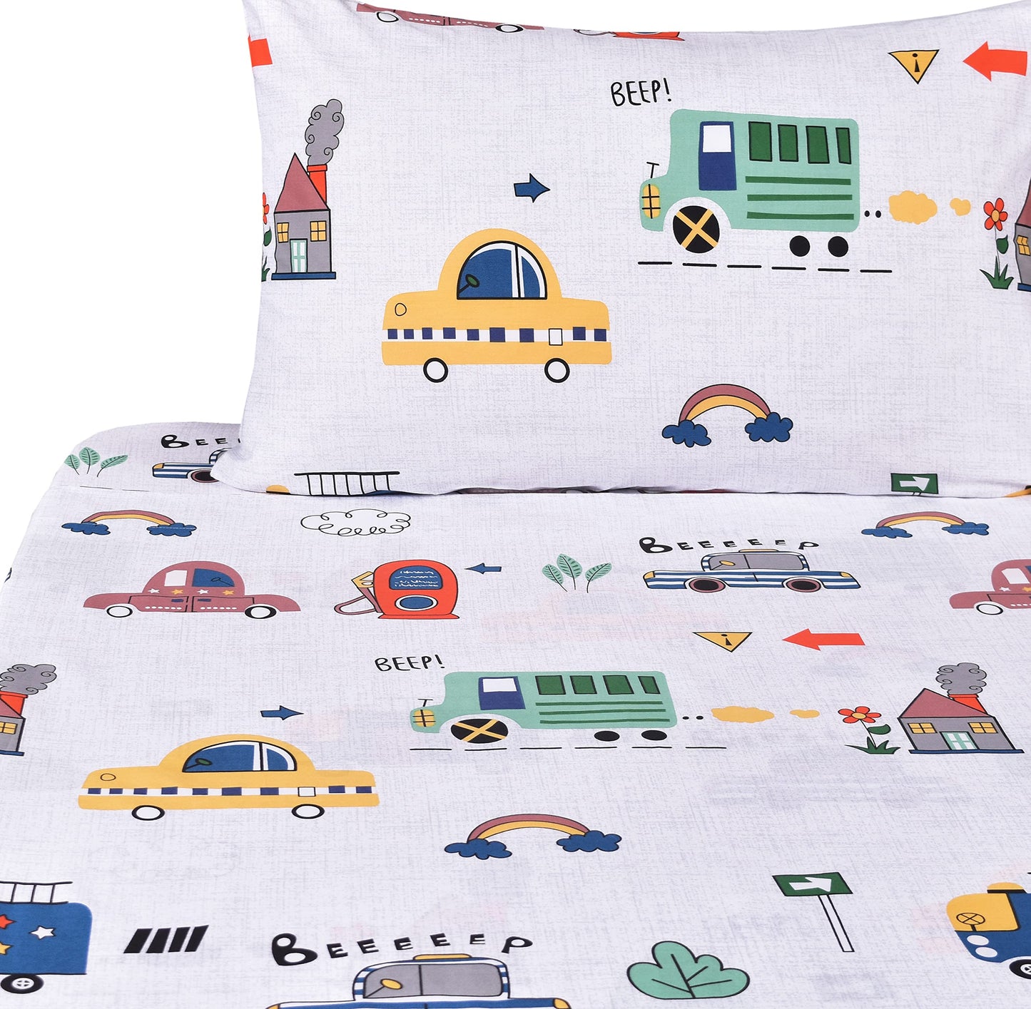 J-pinno Cars Bus Traffic Transport Boys Twin Sheet Set Bedroom Decoration Gift, 100% Cotton, Flat Sheet + Fitted Sheet + Pillowcase Bedding Set (12, Twin)