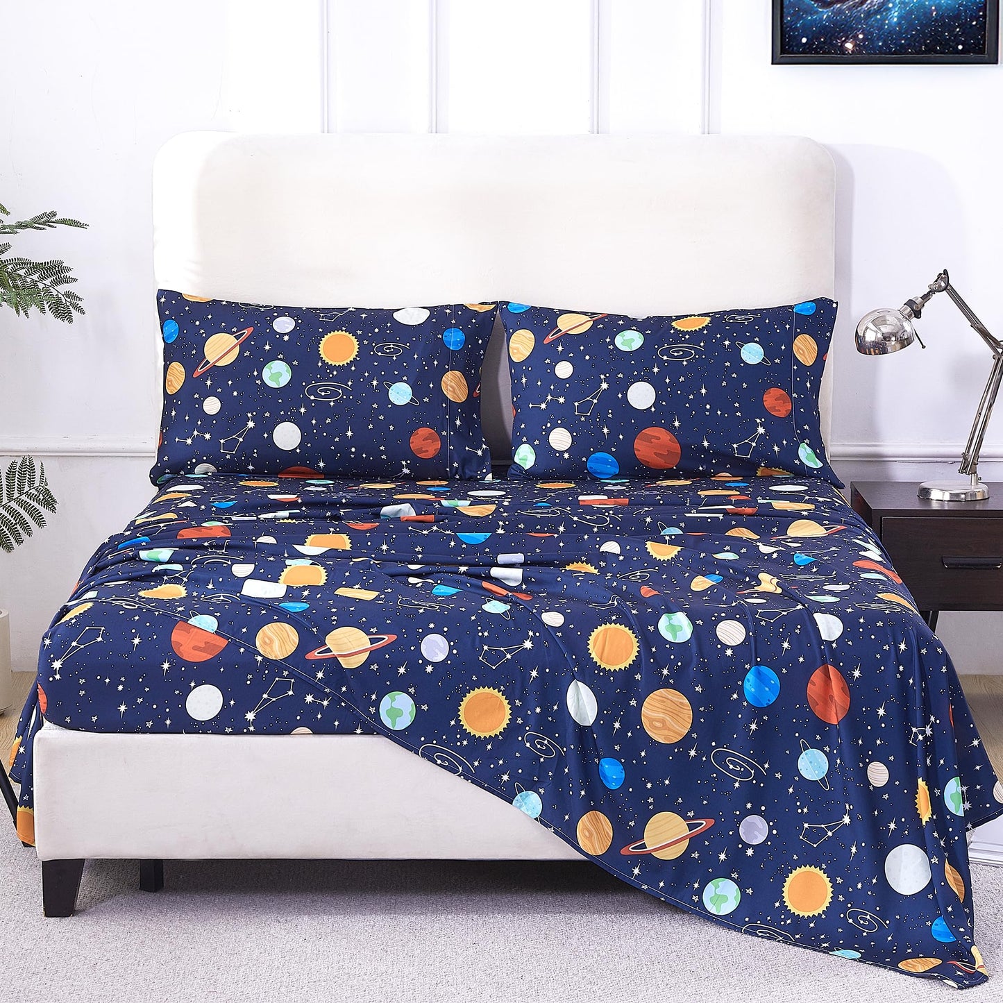 CozySmile Full Sheet Set Kids,4 Pieces Breathable Soft Microfiber Bedsheets for Child Boys, Oeko-TEX, Anti Pilling Deep Pockets Easy Care Bed Sheets, Planet