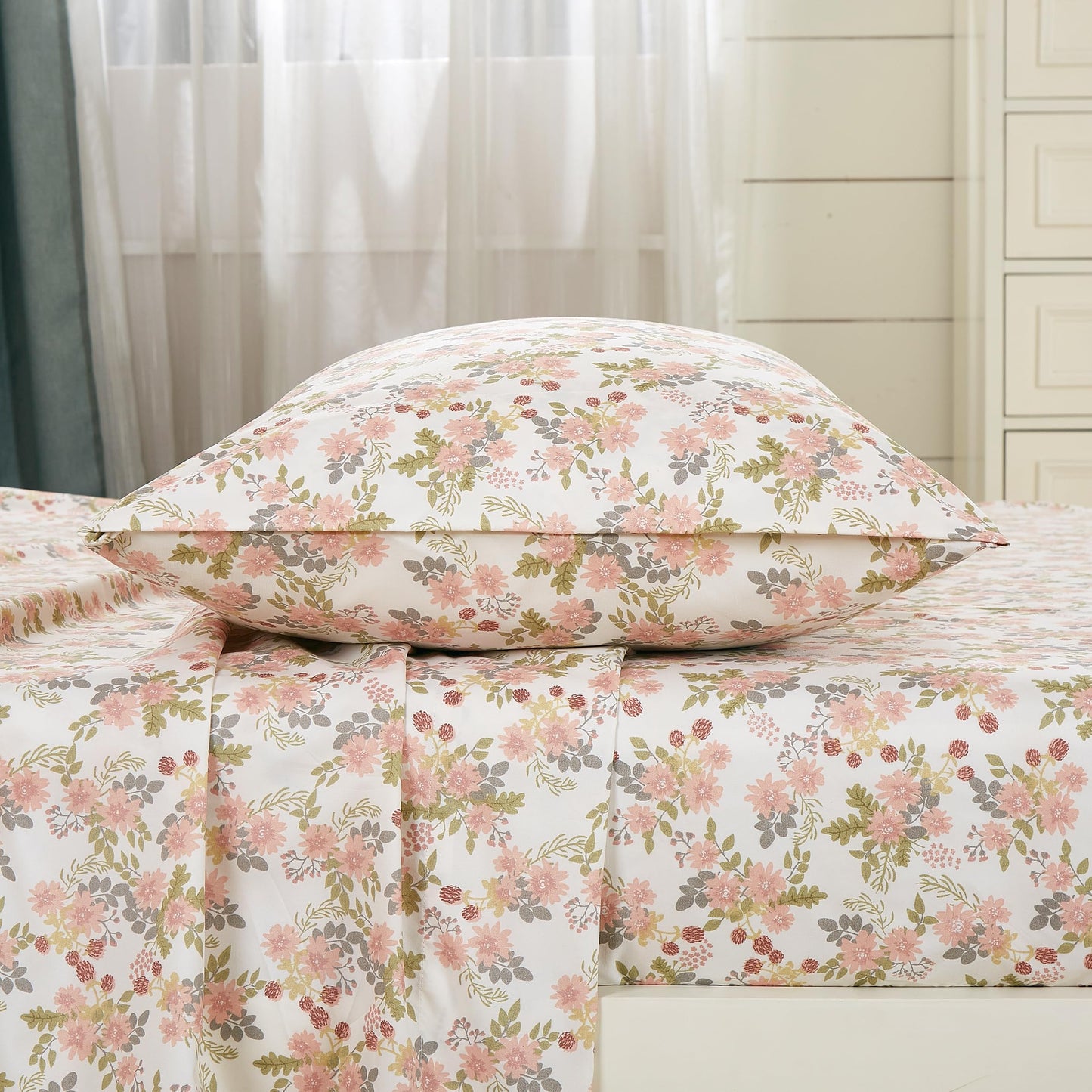 Chezmoi Collection Winika 4-Piece Floral Bed Sheet Set - Multicolor Pink Red Green Gray Floral Flowers Printed Microfiber 14-Inches Deep Pocket Sheets & Pillowcases Set, California King