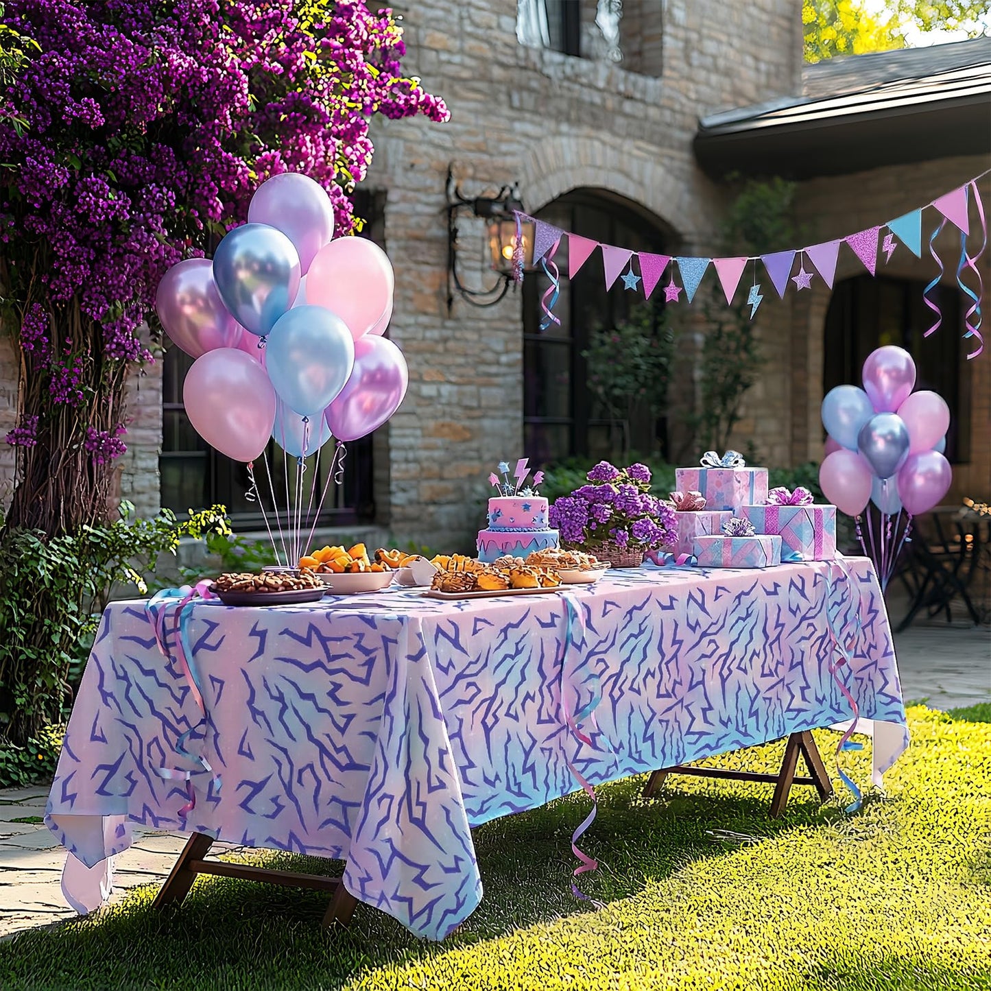 LYYLYYWUHU 2PCS Demon Birthday Hunters Tablecloth Decorations, Purple Energy Lightning Pattern Table Covers for Girls Party Supplies, Plastic Magical Music Themed Disposable Table Cloths 54x108 Inch