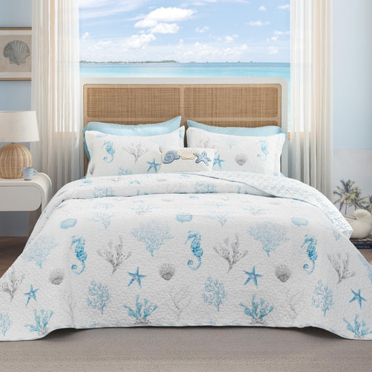 Bedsure Coastal Bedding Quilts Queen Size - Lightweight Summer Comforter Queen Size, Reversible Beach Bedding Nautical Bedspread, Soft Microfiber Blue & White Coverlet for All-Season(90"x96")