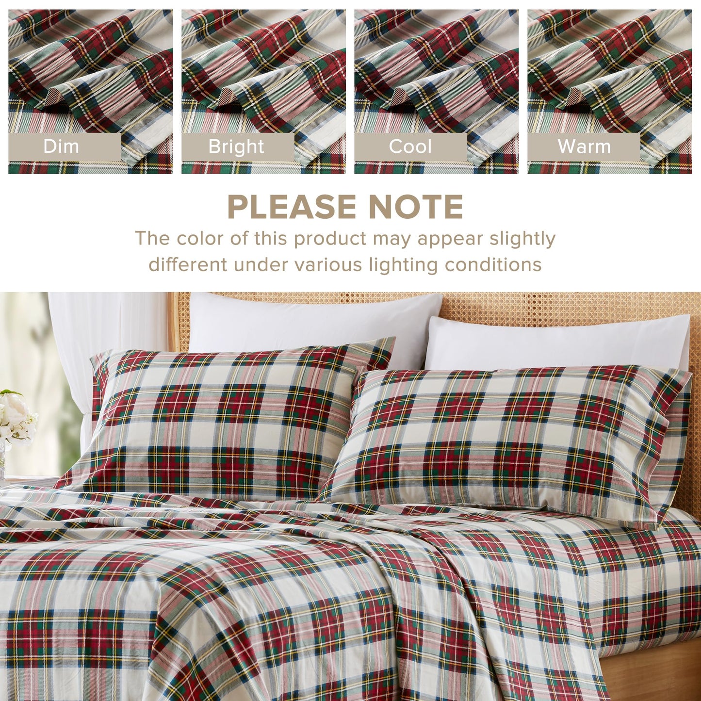 Comfort Spaces 100% Cotton Sheets King, Breathable, Naturally Cool Cotton Sheets, Cotton Bed Sheets with 14" Elastic Pocket Fits up to 16" Mattress, All Seasons Sheet Set, Scottish Plaid Red 4 Piece