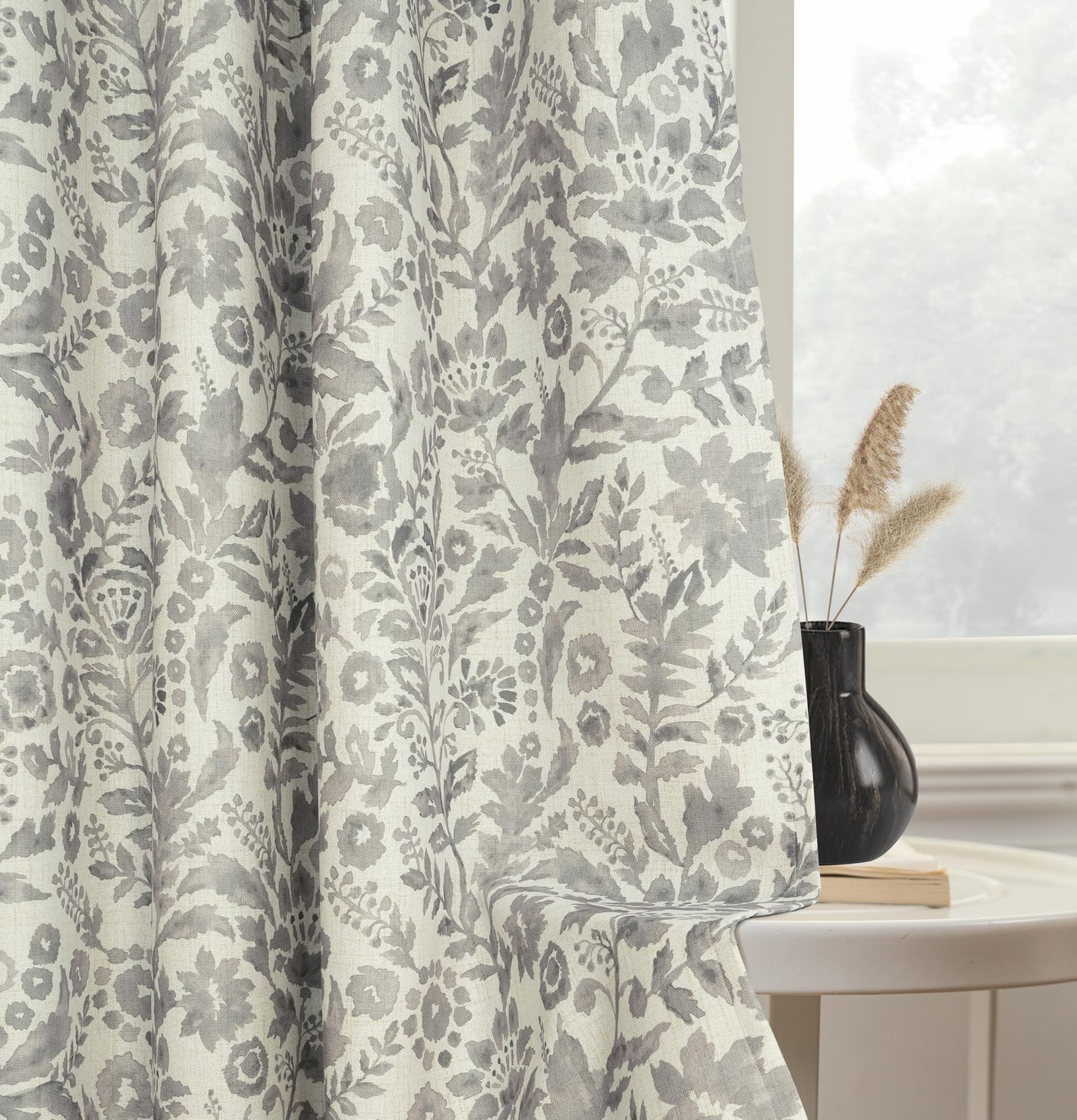 DriftAway Julia 100% Blackout Linen Curtains for Bedroom Gray Floral Watercolor Pattern Double Layer Thermal Insulated Sound Reducing Drapes for Living Room Grommet 2 Panels Each W52 x L84 Linen Gray