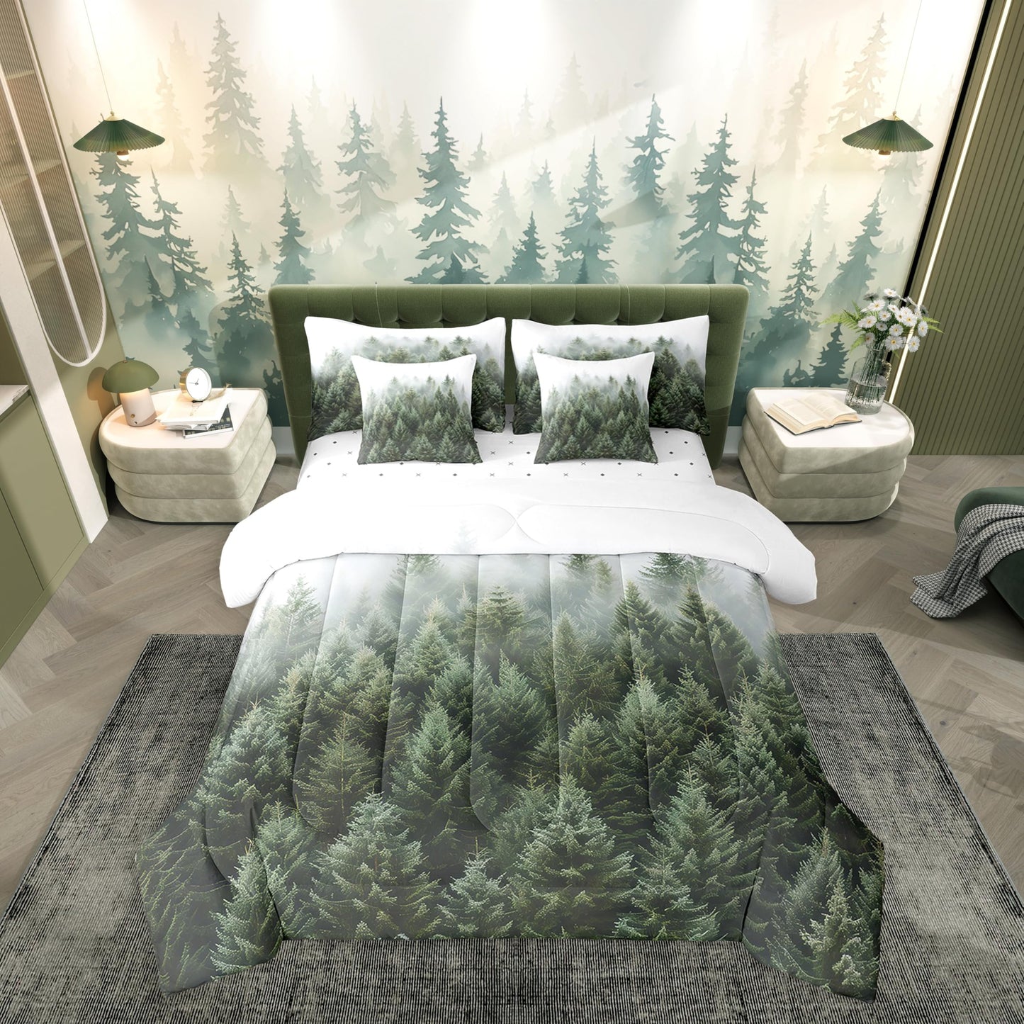 Erosebridal Natural Pineforset Bedding Sets 7 Piece Twin Smoky Mountain Comforter Set Fantasy Fog Magic Tree Bed in A Bag Nature Scenery Theme Quilt with Flat Fitted Sheet for Kids Adults