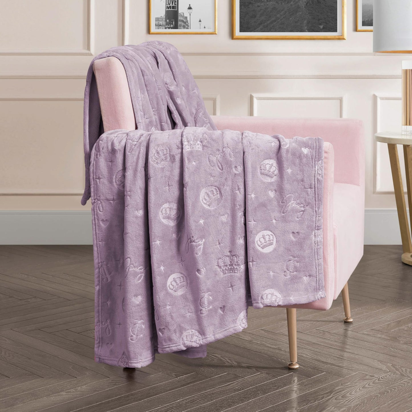 Juicy Couture Embossed Plush 60"x70" Oversized Throw Blanket, Emblem Toss Lavender Purple