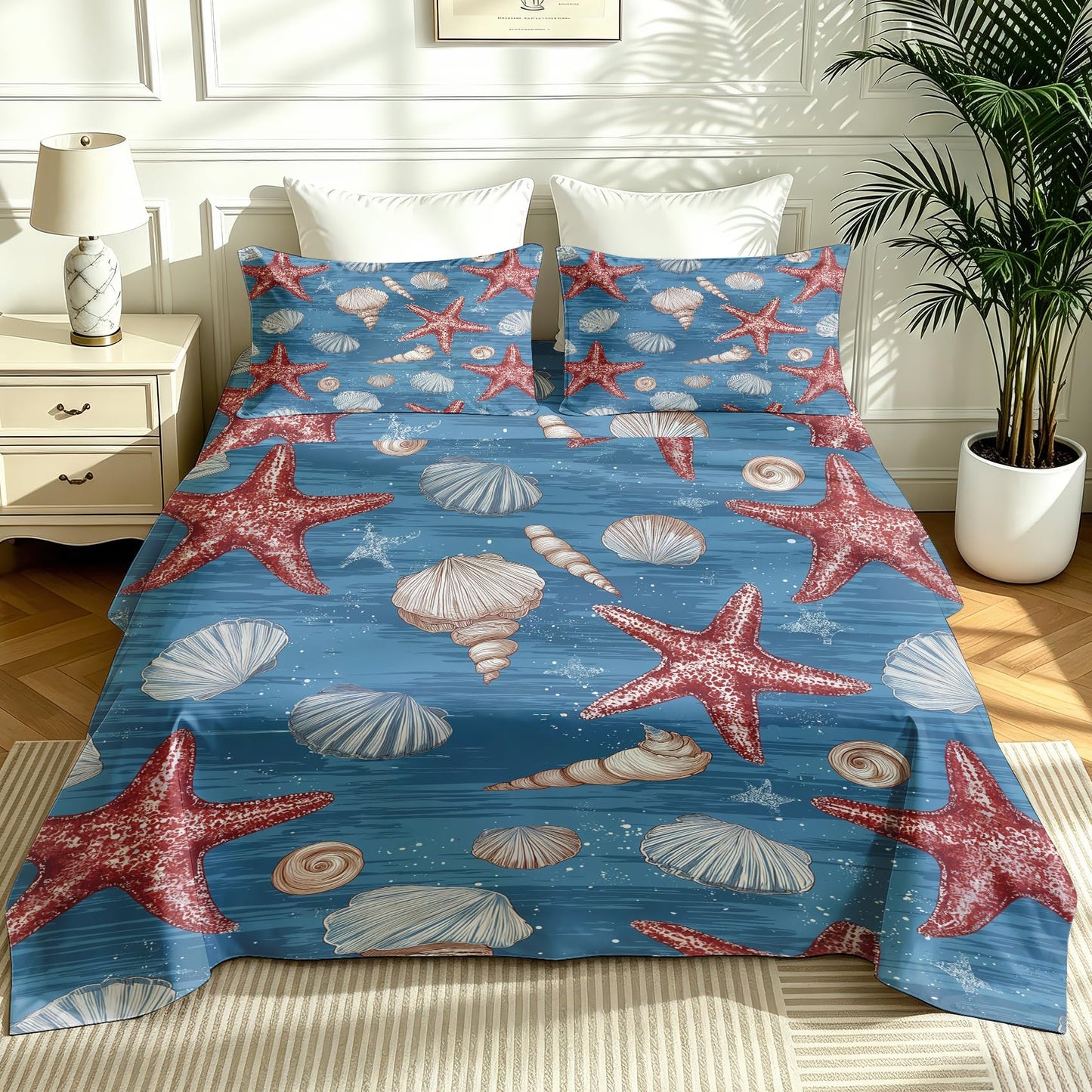 Starfish Queen Sheet Set Seashell Flat Fitted Sheet Sets