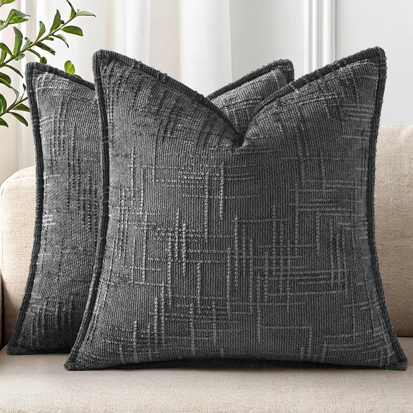 decorUhome Chenille Throw Pillow Covers 18x18 Set of 2, Soft Textured Slubby Modern Decorative Pillow Covers with Elegant Design for Couch, Sofa, Living Room, Dark Grey