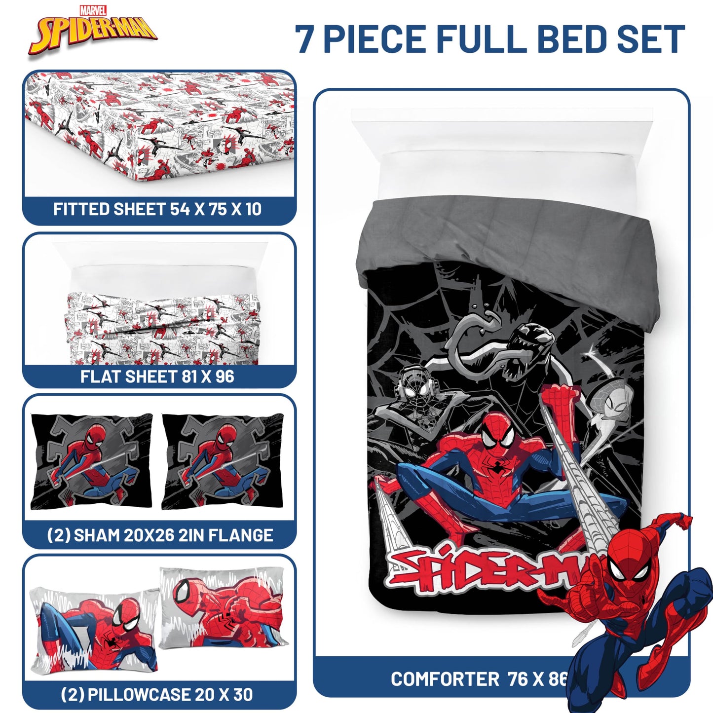 Jay Franco Kids Bed Set, Black, Spiderman, 7 Piece Full