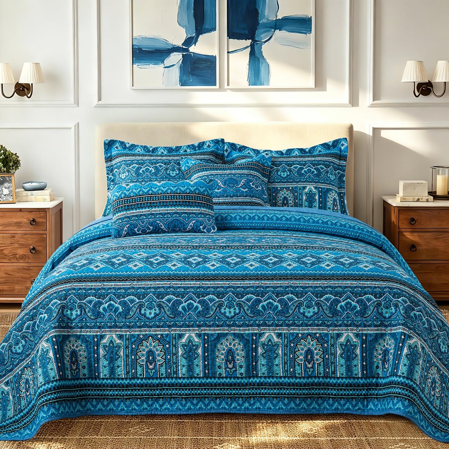 TWINRUN Cotton Quilts Queen Size, 3 Pieces Queen Quilt Bedding Set (90 x 98 Inch), Lightweight Boho Quilts Queen Size for Bed, Blue Stripes Bedspreads for All Seasons, Machine Wash