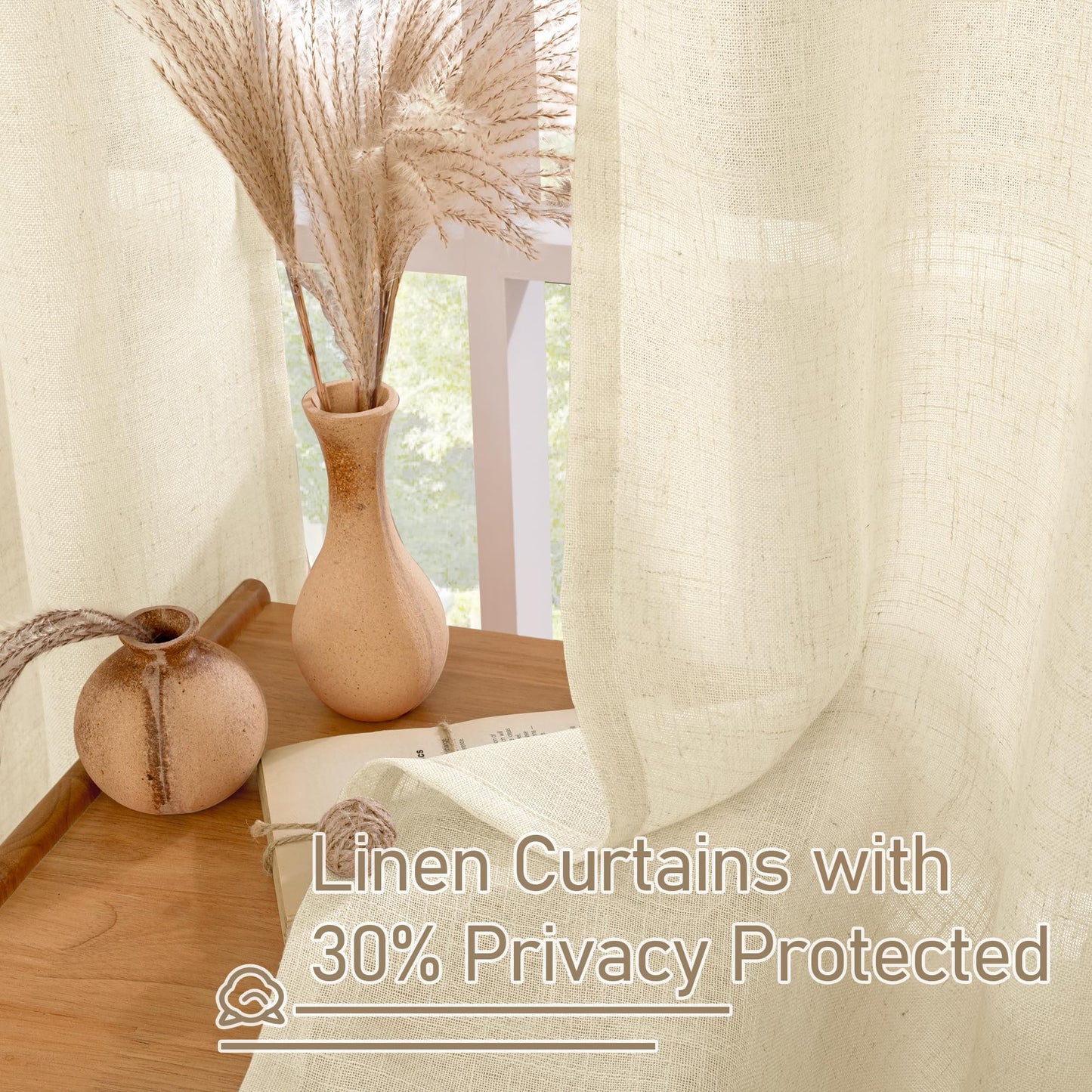 LAMIT Beige Linen Curtains 54 Inches Long for Bedroom, Semi Sheer Neutral Faux Linen Textured Window Light Filtering Panels with Bronze Grommet for Kitchen,2 Panels Set, 52 X 54 Inch
