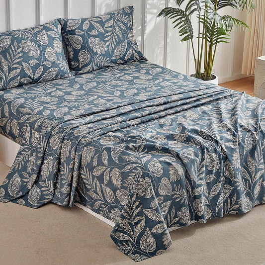 Tokokimo Paisley Sheets Set King Size, 16 inches Deep Pocket Fitted Sheet, Flat Sheet & Envelope Closure Pillowcases, Soft Breathable Microfiber Sheet Set 4-Piece, Blue Leaf Floral