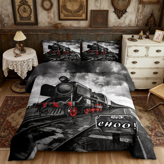 Retro Train Comforter Set Twin Size,Black Red Old Train Car Bedding Set Rail Transportation Vehicles Quilt Set for Kids Girls Boys Teens Room Decor,Vintage 3D Train Duvet Insert,1 Pillowcase