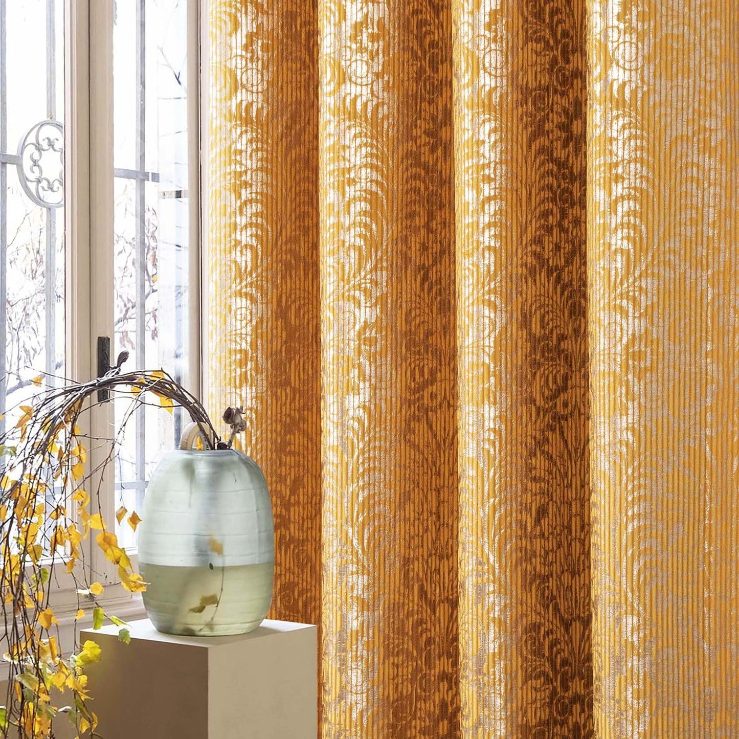 always4u 100% Blackout Damask Foil Print Yellow and Gold Ridged Velvet Curtains 95 Inches Long Drapes 2 Panels Shiny Metallic Window 54 * 95 Inches