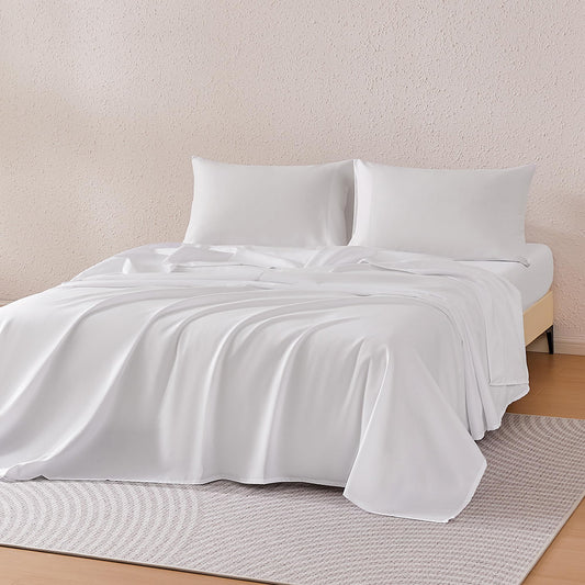 Amazon Basics Sheet Set Cationic 4-Piece Bedding Set, Wrinkle Free and Easy Fit, Easy Care Bedding with 1 Deep Pocket Fitted Sheet, 1 Flat Sheet, and 2 Pillowcases, King, White
