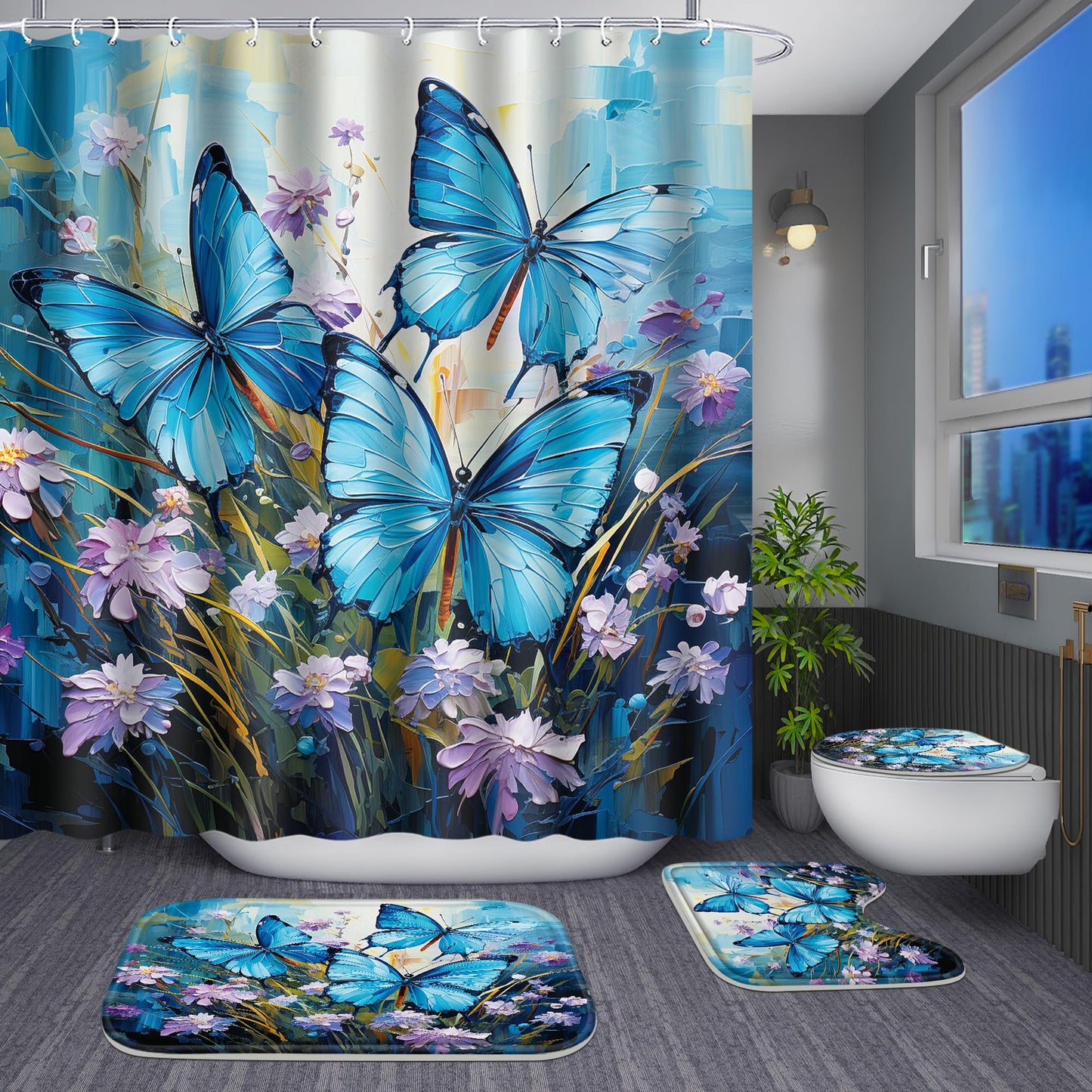 Poedist 4-Piece Blue Butterfly Bathroom Set with Non-Slip Rug, Toilet Seat and Floor Mat (with 12 Hooks), Floral Shower Curtain Set, Bathroom Set with Rug and Accessories