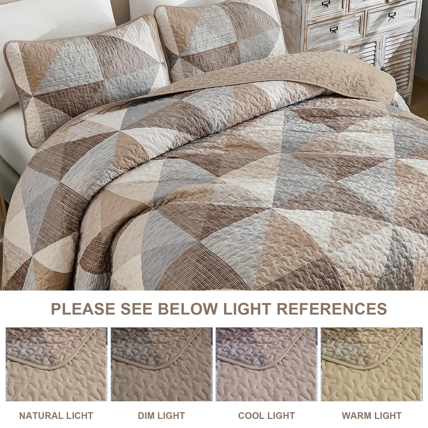 Dintszyayue Dark Brown Quilt Queen Size, 3 Pieces Tan Patchwork Bedspread Bedding, Soft Lightweight Microfiber Geometric Coverlet Set for All Spring Quilt with 2 Pillowcases90 x96