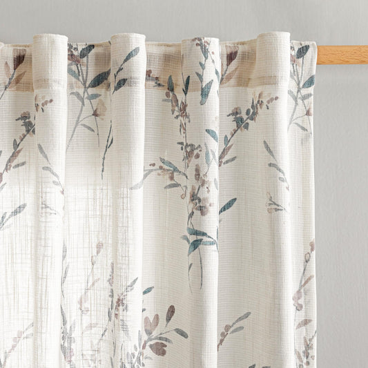 MYSKY HOME Sheer Curtains 84 Inches Long 2 Panels Linen Blended Farmhouse Curtains & Drapes for Living Room Bedroom, Light Filtering Privacy Curtains Floral Printed Classical Home Decor, Navy Blue(2)