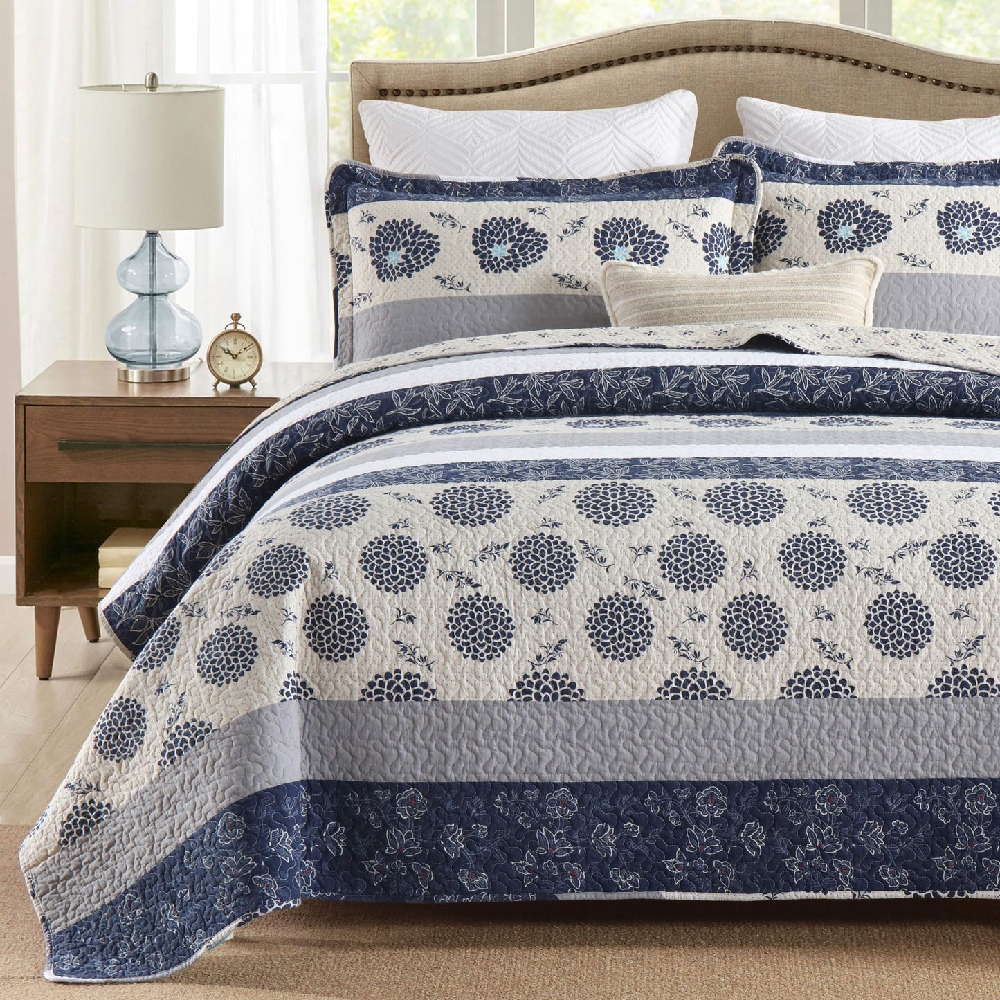 Homzard Quilt Queen Size - Queen Comforter Set,Navy Blue Beige Grey All Cotton Quilted Bedspread Set,Striped Floral Pattern Quilt,Lightweight Paisley 3 Piece Bedding,All Seasons