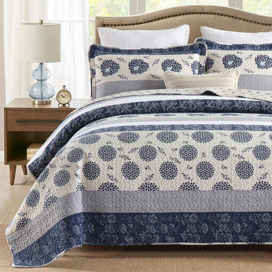 Homzard Quilt Queen Size - Queen Comforter Set,Navy Blue Beige Grey All Cotton Quilted Bedspread Set,Striped Floral Pattern Quilt,Lightweight Paisley 3 Piece Bedding,All Seasons