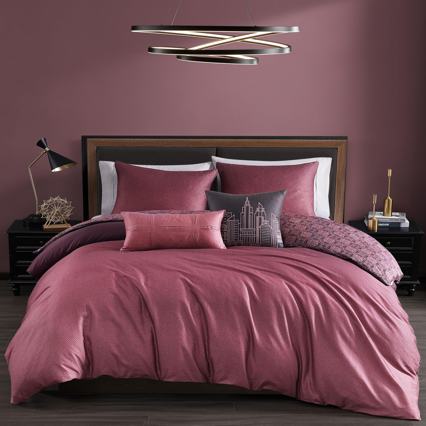 Bebejan Mauve Dreams 5 Piece Comforter Set, 100% Cotton Sateen, 220 Thread Count, Textured Reversible Bedding Comforter Set, 1 Comforter, 2 Shams & 2 Pillows (King/Cal King)