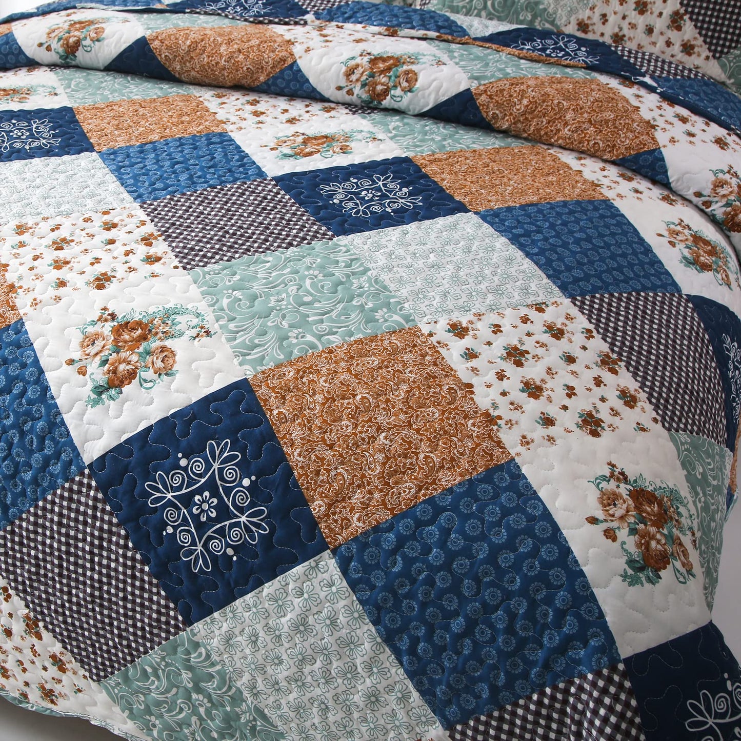 Dinjoy Reversible Patchwork Quilt Bedding Set King Size Blue Green Grey Plaid Floral Pattern Bedspread Set Soft Microfiber Coverlets Bed Set 3 Pieces Fall Autumn All Season Use
