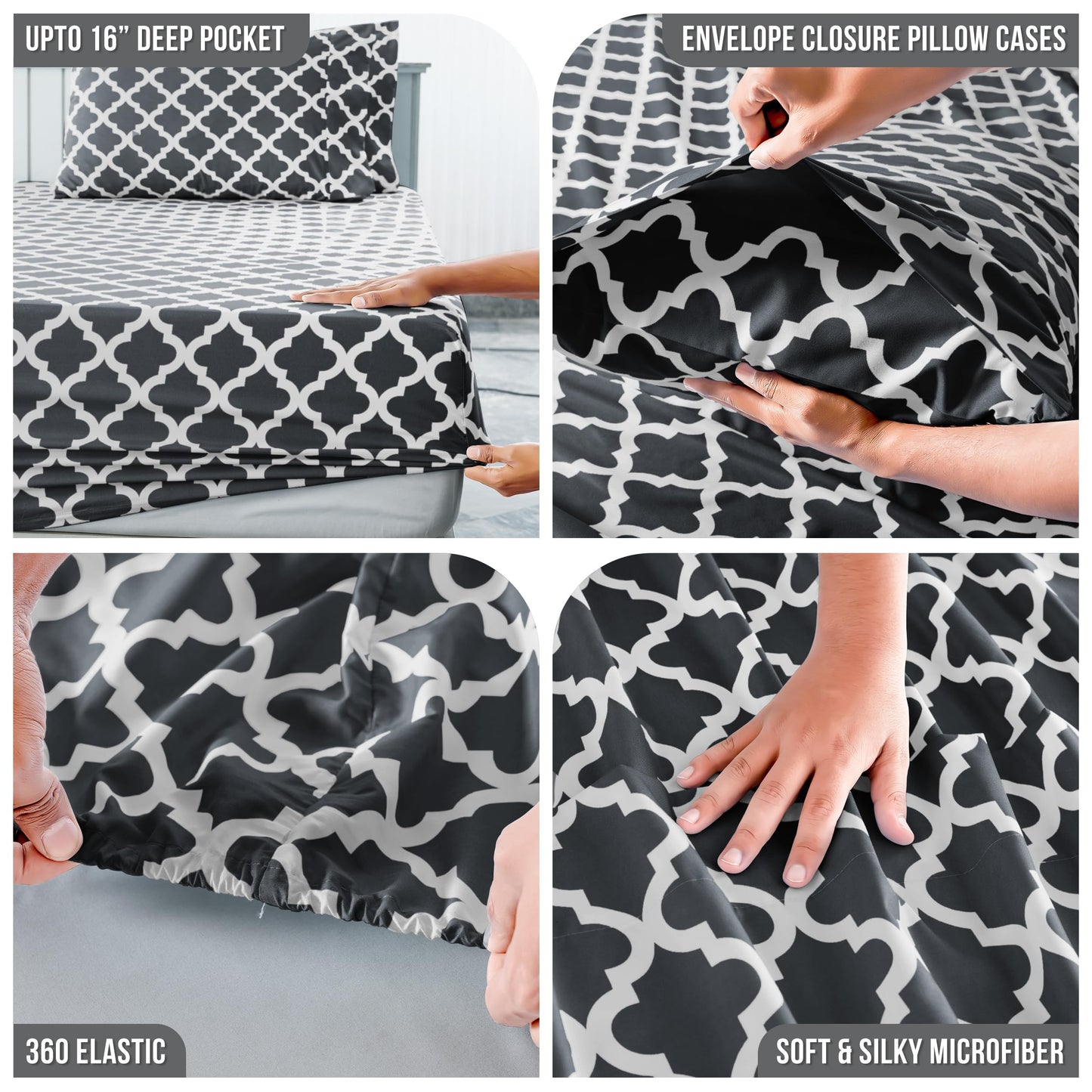 LUX Décor Quatrefoil Twin Sheet Set - 3 Piece Ultra-Soft Microfiber Bed Sheets with Flat Sheet, 16 Inches Deep Pocket Fitted Sheet & Pillowcases, Breathable, Bedroom Decor, Oeko- - Black