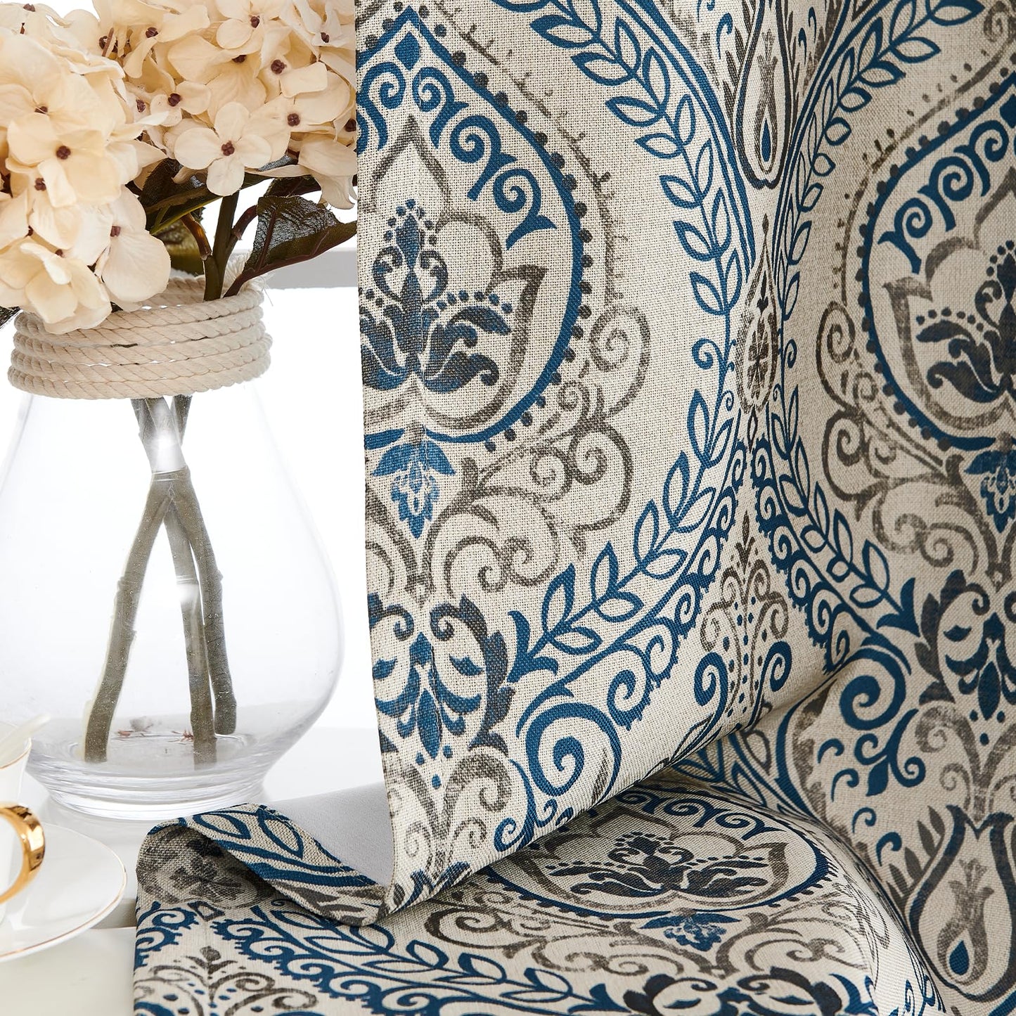 Vangao Vintage Damask Blue Curtains 84 Inch Long Blackout Curtains Linen Textured Floral Paisley Medallion Print for Bedroom Living Room Darkening Drapes Window Treatment 2 Panels Navy on Beige
