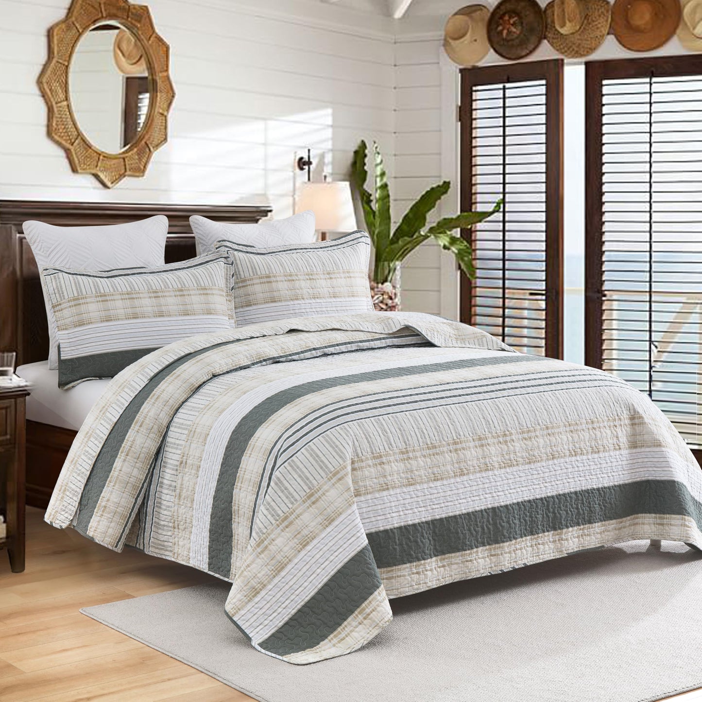 Homzard Quilts Queen Size - Cotton Queen Size Comforter Sets,Beige Grey Cotton Bedding,Striped Plaid Comforter Bedspread (90 * 98 Inches),3 Piece