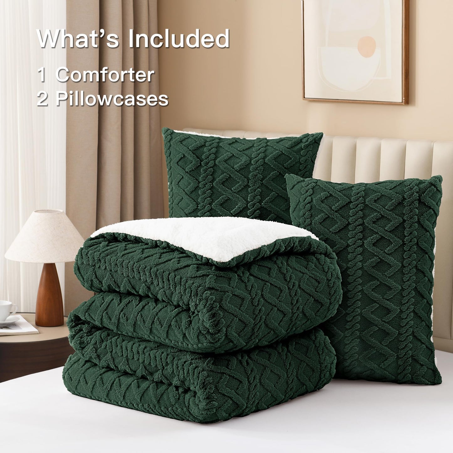 Andency Fluffy Sherpa Queen Comforter Set Dark Green, Super Soft Emerald Green Fleece Warm Bedding for Winter, Luxury Jacquard Boho Fuzzy Plush Bed Set 3 Pieces(1 Shaggy Comforter, 2 Pillowcases)