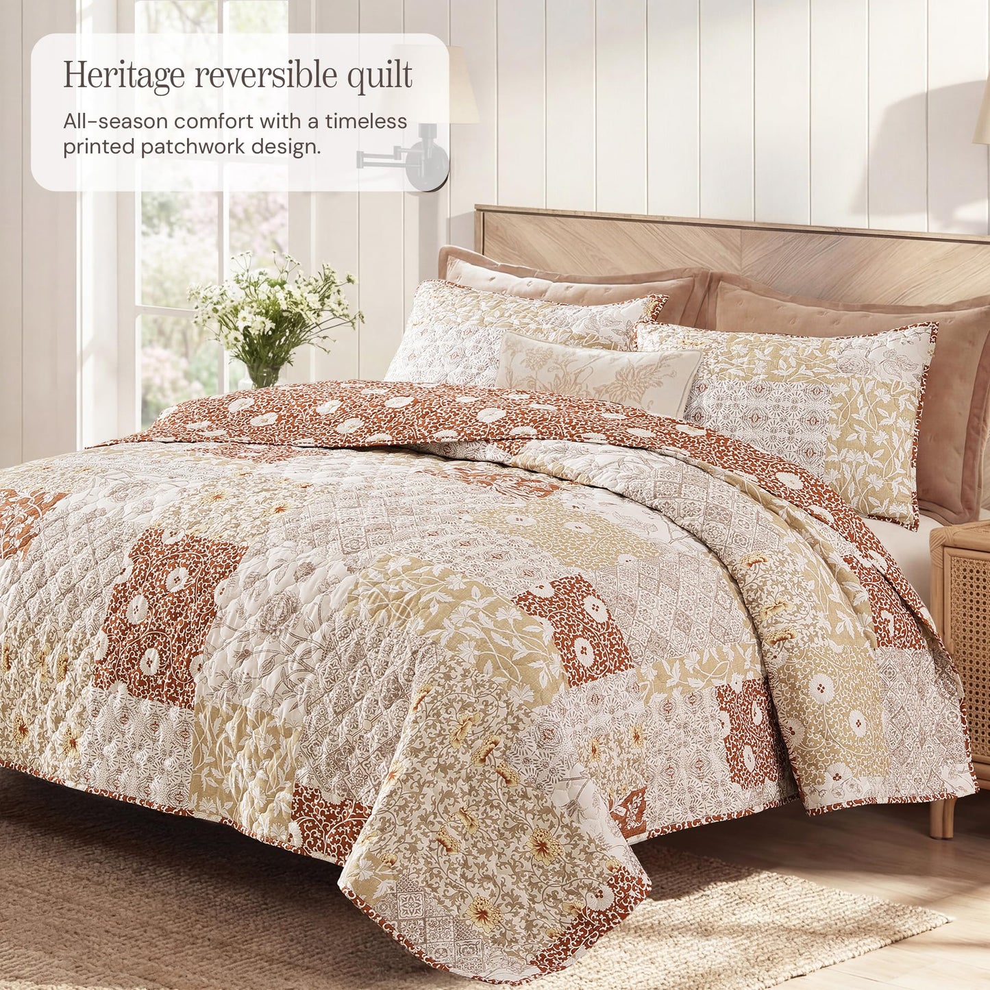BLOOMHAVEN Quilt Set Queen Size, Patchwork Terracotta Floral Quilt Sets, Reversible Bedspread Lightweight and Breathable for All Seasons, Soft Quilted Bedspread with 2 Pillow Shams