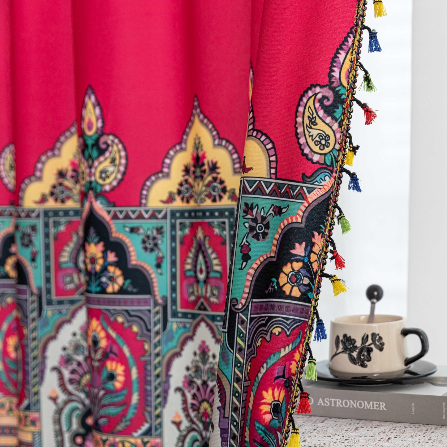Erbnaryx Red Paisley Curtains 72 Inches Long, Boho Farmhouse Light Filtering Rod Pocket Drapes with Tassel Trim for Bedroom Living Room, 2 Panels