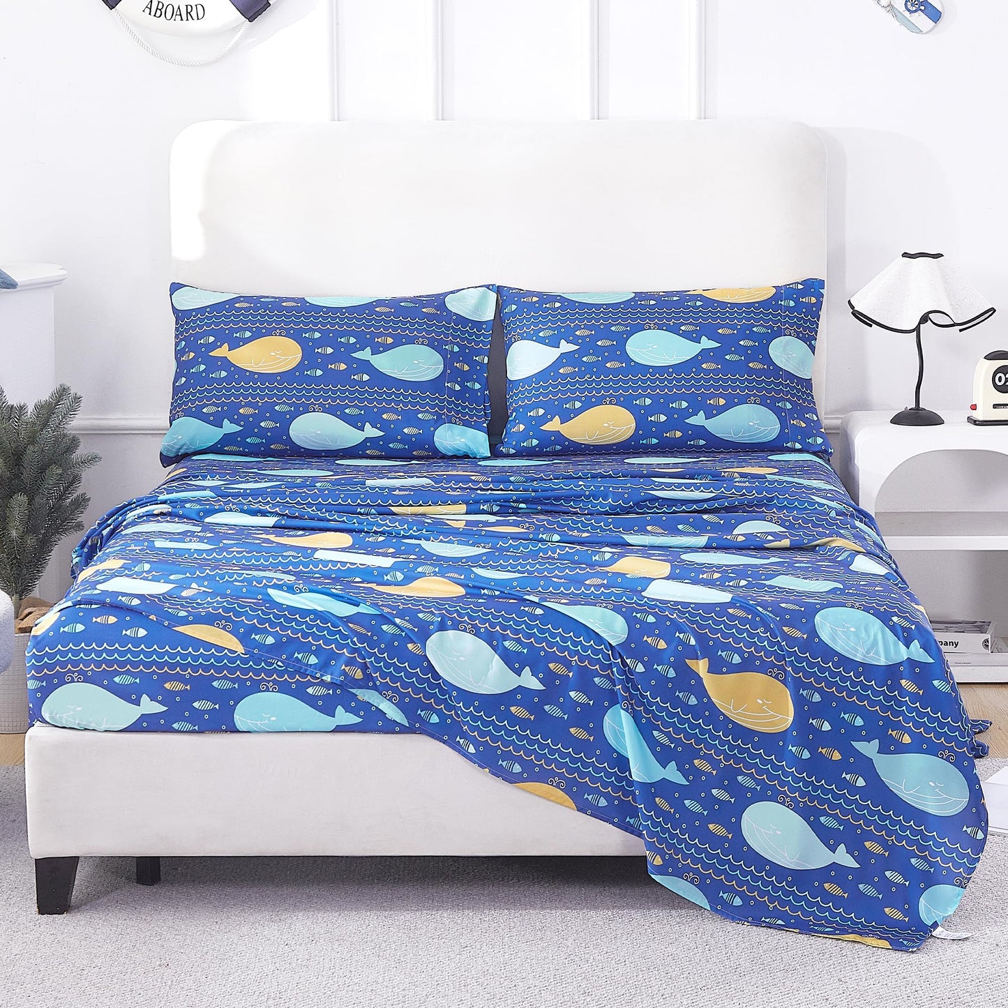 CozySmile Twin Sheet Set Kids,3 Pieces Breathable Soft Microfiber Bedsheets for Child Boys Girls, Oeko-TEX, Anti Pilling Deep Pockets Easy Care Bed Sheets, Whale