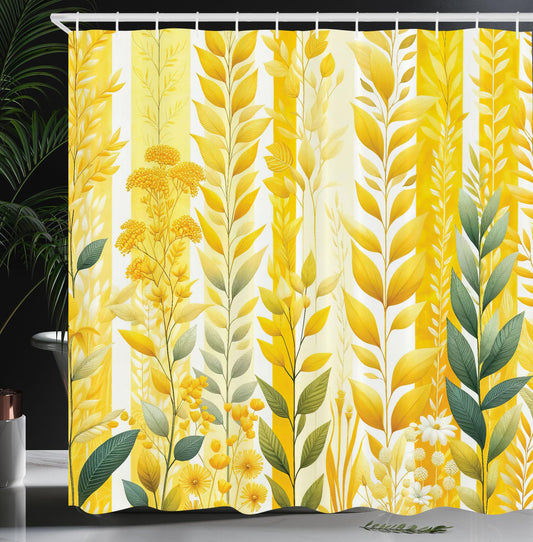 Ambesonne Yellow Shower Curtain, Abstract Botanic Vertical Bicolor Leaves Creeper Print with Summer Colors, Cloth Fabric Bathroom Decor Set with Hooks, 69" W x 70" L, Reseda Green Mustard