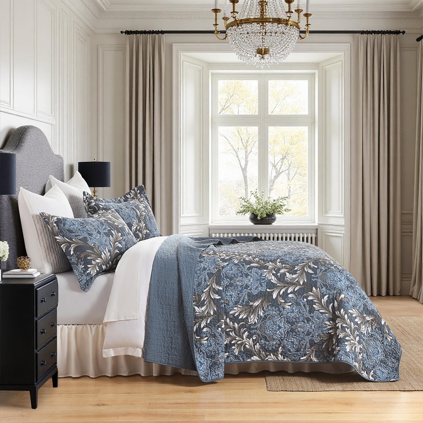 BCOTTOND King Size Quilt Set - Blue Gray and White Quilt Set King, 100% Cotton Floral Bedspread Set 3 Piece, Traditional Elegant Lightweight Comforter, Reversible Quilt Bedding Set for All Season