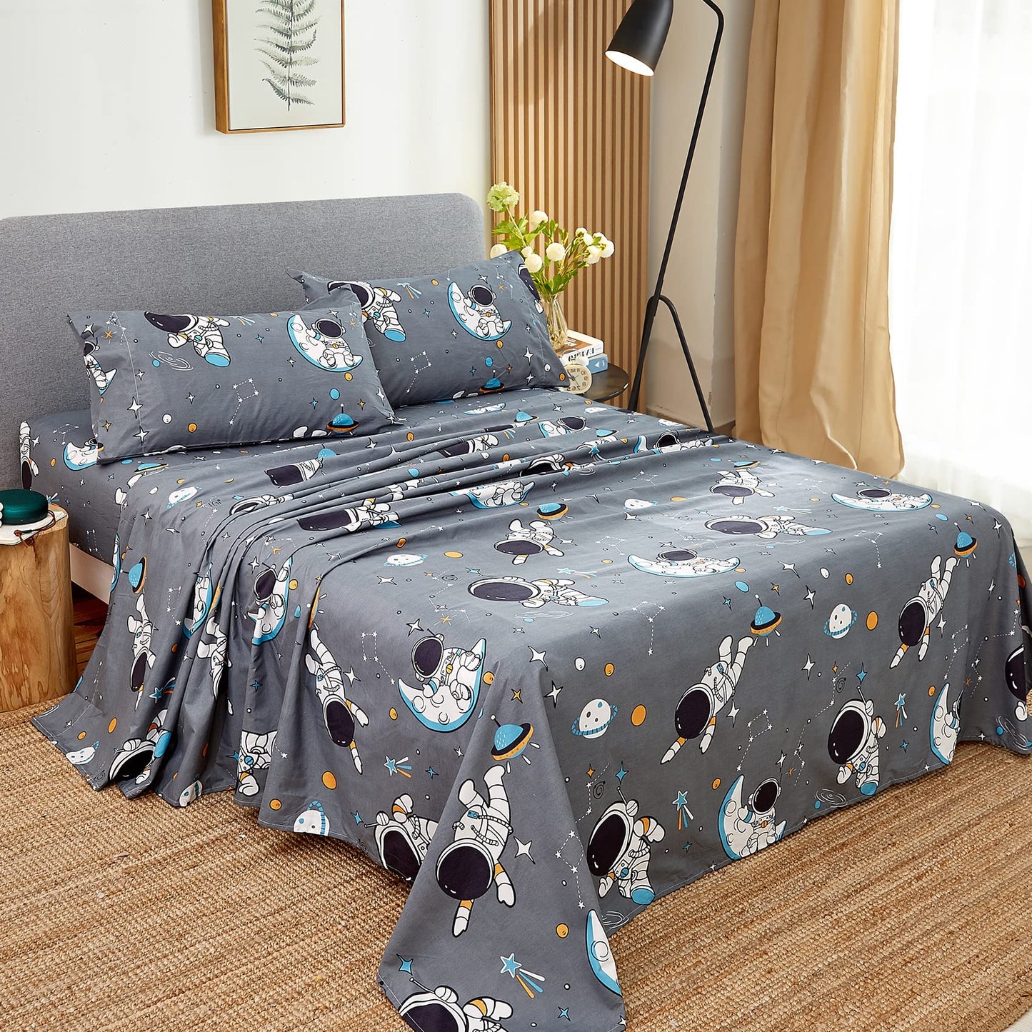 JSD Grey Astronaut Kids Sheet Set Twin Size, 3 Piece Boys Space Adventure Printed Microfiber Sheets Deep Pocket