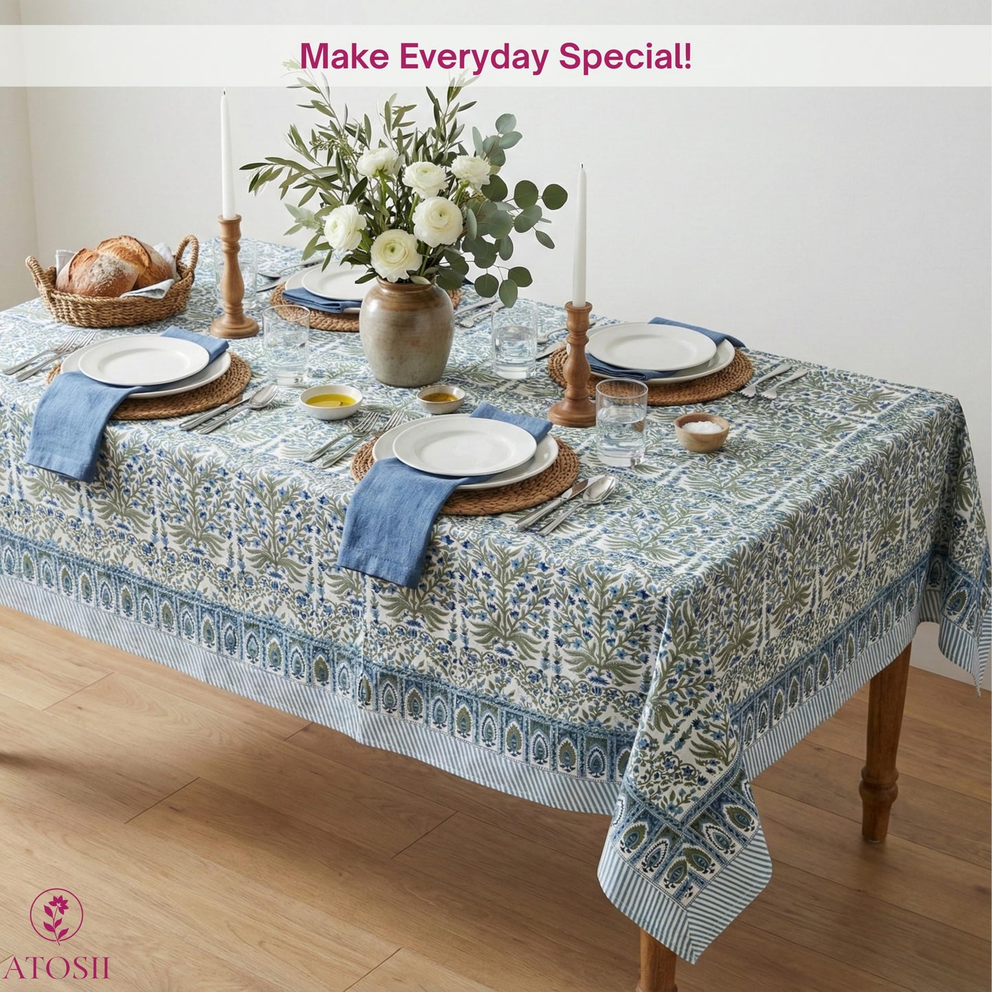 ATOSII Nargis Blue 100% Cotton Rectangle Summer Tablecloth, Indian Block Print Floral Table Cloth I Dining Parties Weddings Outdoors Holidays 60 X 90 Inches 6 Seater I Grandmillennial Farmhouse Boho